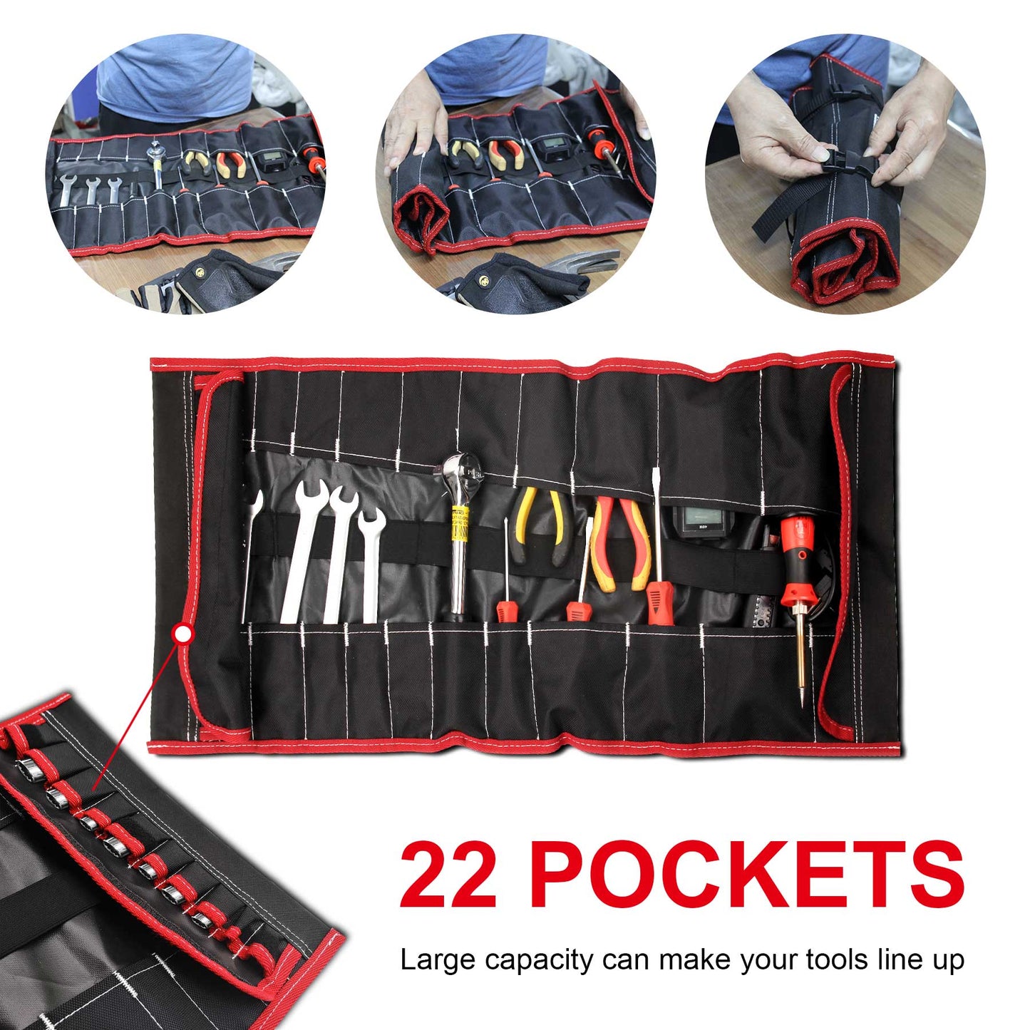 HAUTMEC 600D Tool Roll Bag, 32-Pocket Wrench Organizer, Multi-purpose Tool Roll Up Bag, Large Space Military Tool Bag HT0069-TB
