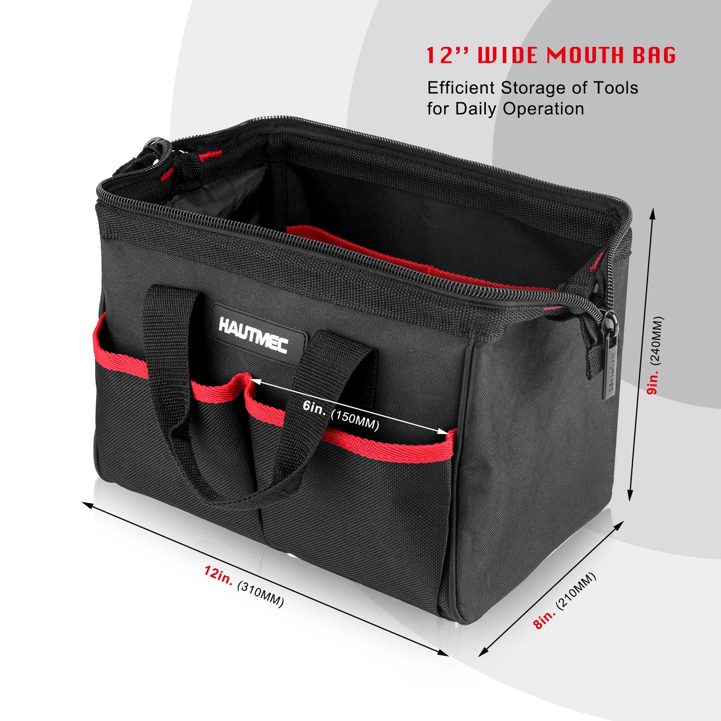 HAUTMEC 12 inch Wide Mouth Tool Bag,1680D Heavy Duty Waterproof Tool Organizer with Abrasion-resistant Base and Dual-zipper HT0286