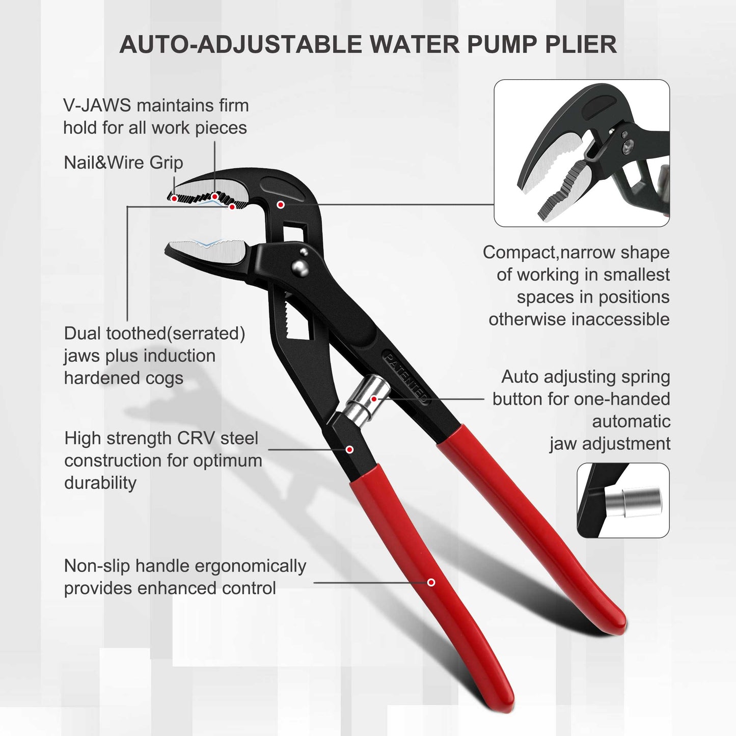 HAUTMEC 10in Quick Adjust Tongue and Groove Joint Pliers, V-Jaw with Comfort Grips, Auto-Adjusting Quick-Action Water pump Pliers On Pipes, Bolts and Nuts HT0088