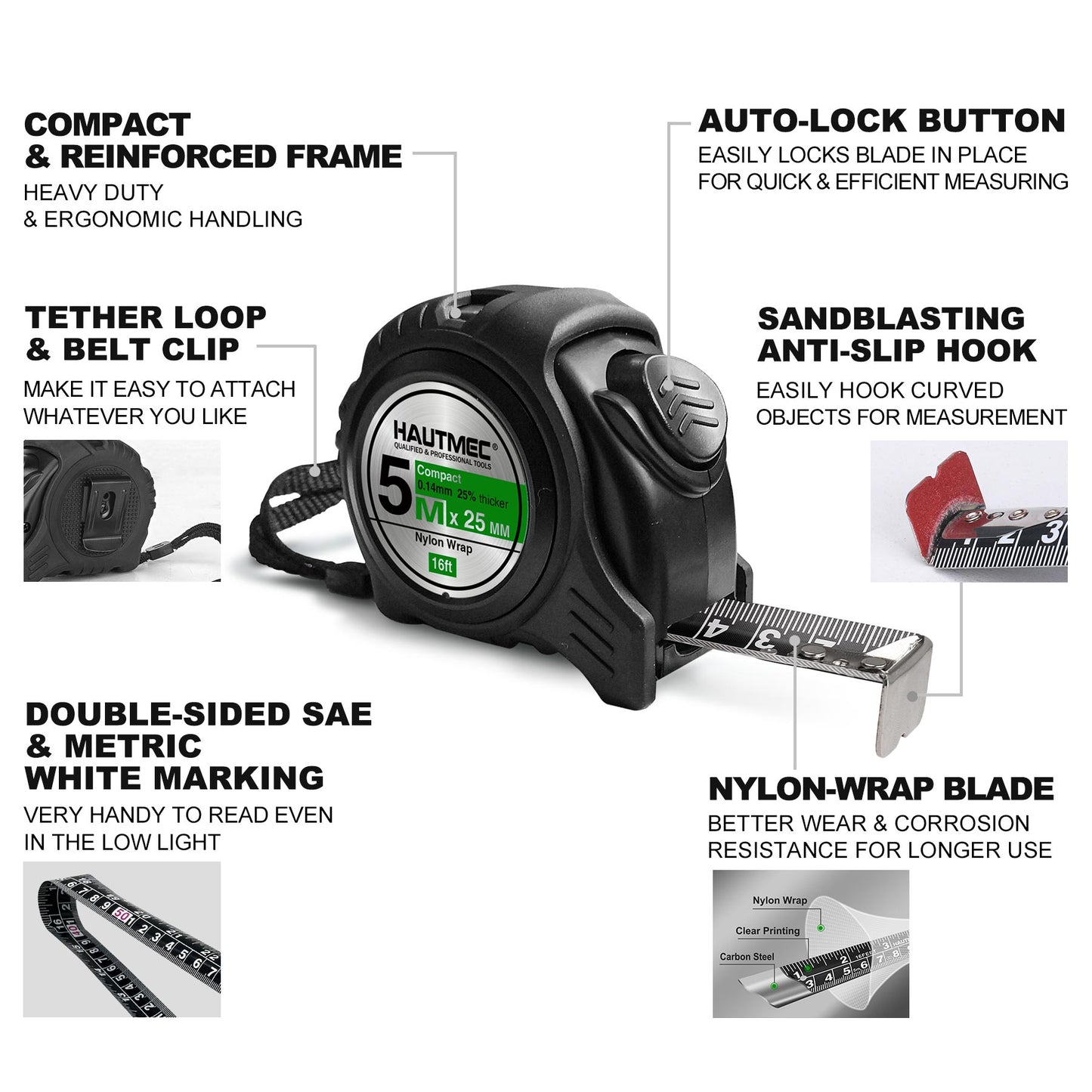 HAUTMEC 16 Ft (5m) Heavy Duty AutoLock Black Tape Measure, Self-Lock, 1" Wide Black Rigid Blade, Dual Sided Rule Print, HT0100-TM