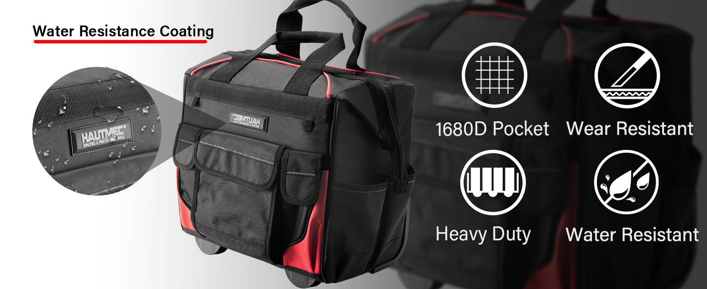 HAUTMEC 14.5" Rolling Tool Bag with Wheels, 25-Pocket Portable Tool Box Organizer with 600D Water-Resistant Fabric, Wide-Mouth Design, Oversized Wheels & Telescoping Handle - HT0179