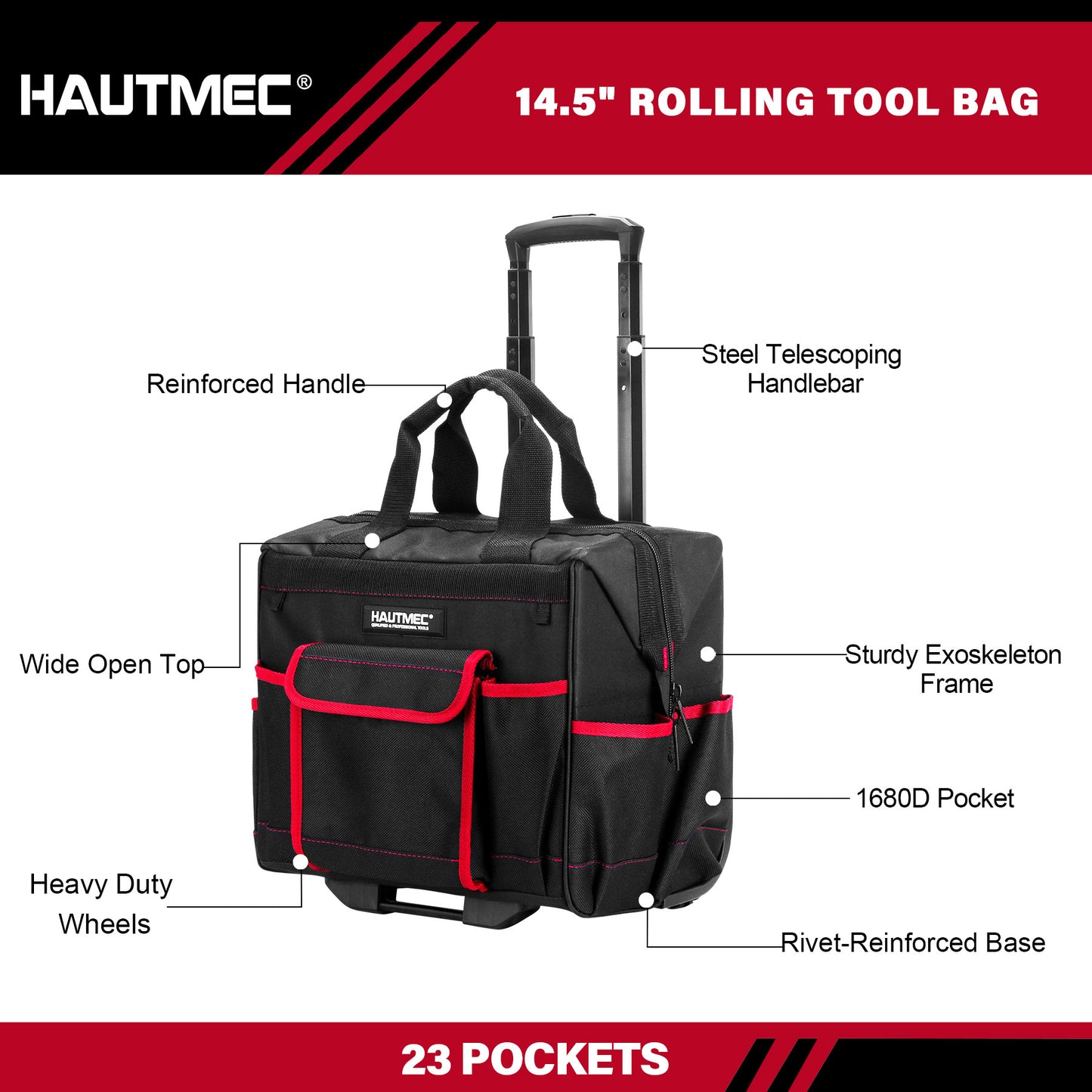 HAUTMEC 2-Piece Rolling Tool Bag Set, 15” Heavy-Duty Tool Bag with Wheels & 15" Wide Mouth Utility Bag, 1680D Water-Resistant Durable Tool Storage – HT0288