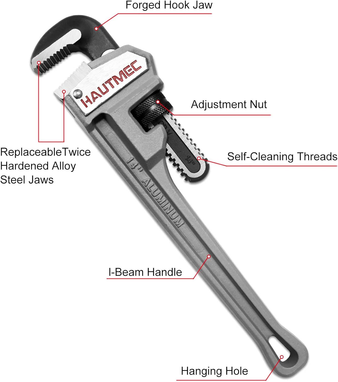 HAUTMEC 14 Inch Aluminum Straight Pipe Wrench, Adjustable Plumbing Wrench, 2" Jaw Capacity, Heavy Duty Plumbing Pipe Wrench, for Pipes, Tees, Ball Valves and Other Objects HT0021-PW