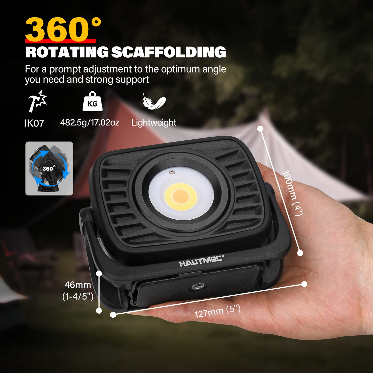 HAUTMEC Rechargeable Work Light, 360°Rotating COB 1500LM Portable Flood Light with Magnetic Base and Pothook, Waterproof Power Bank Worklight Tool for Car Repairing Construction Sites, HT0168-WL