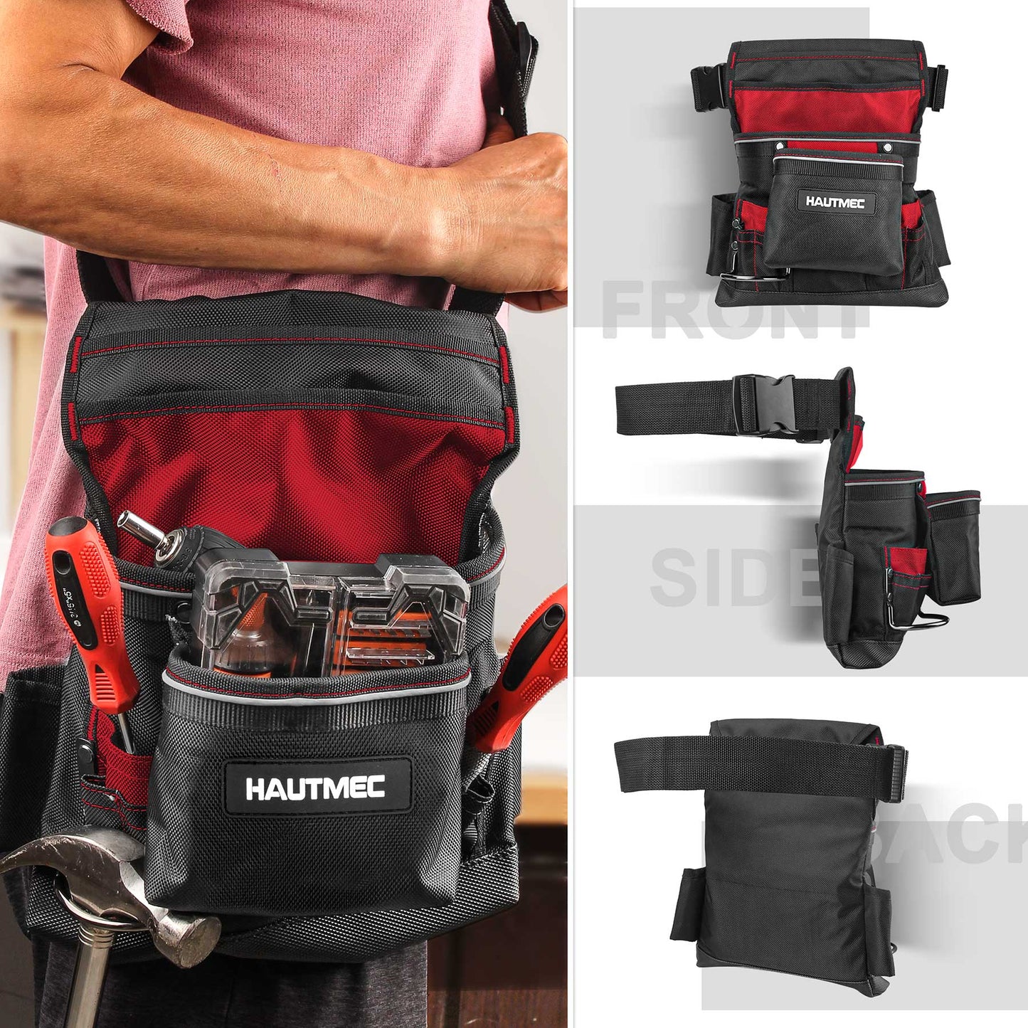 HAUTMEC Heavy Duty Framing Tool Belt Electrician Tools Pouch Organizer Work Belts For Men, 12-Pocket 1680D Tool Bag with Waist Strap Hammer Holder and 360°Reflective Strips, Black & Red HT0220-TBR