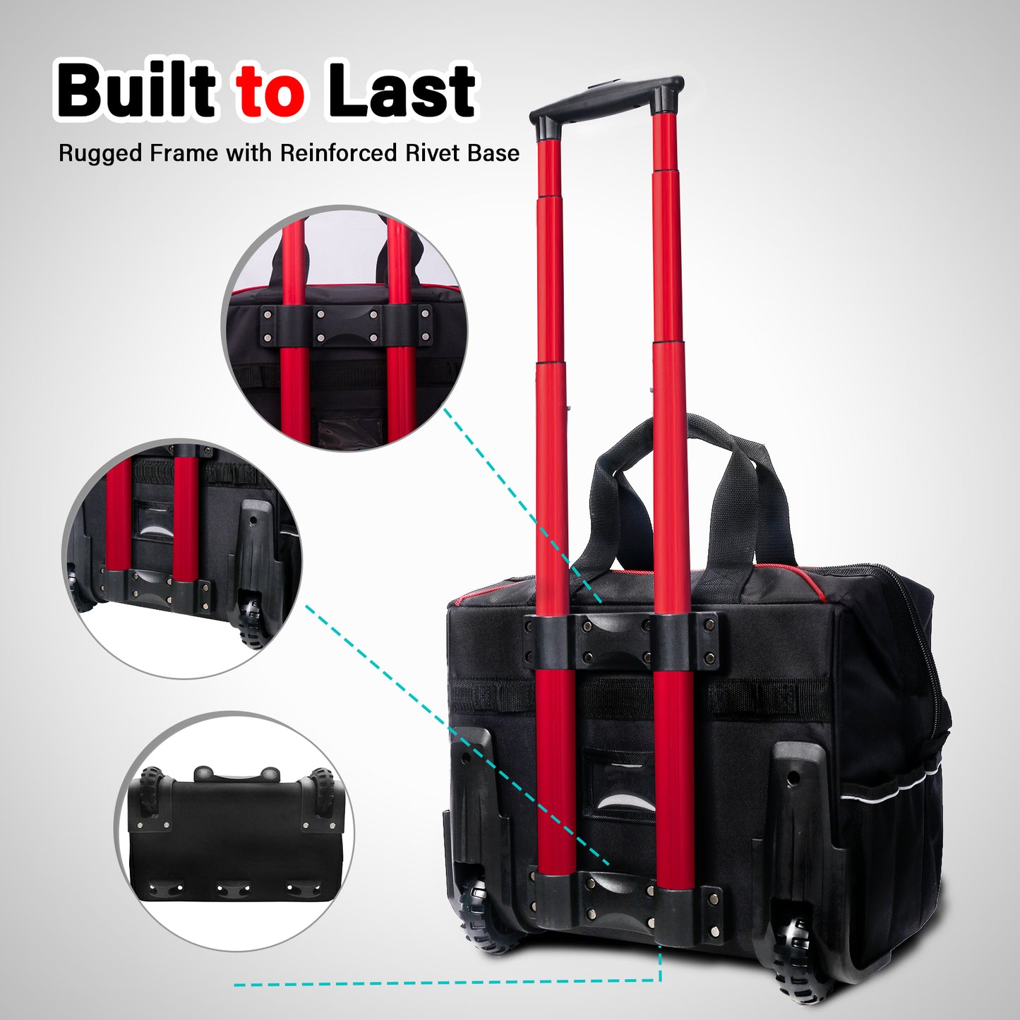 HAUTMEC 18" Rolling Tool Bag with Wheels, 23-Pocket Portable Tool Box Organizer with 600D Water-Resistant Fabric, Wide-Mouth Design, Oversized Wheels & Telescoping Handle -HTTBM25004