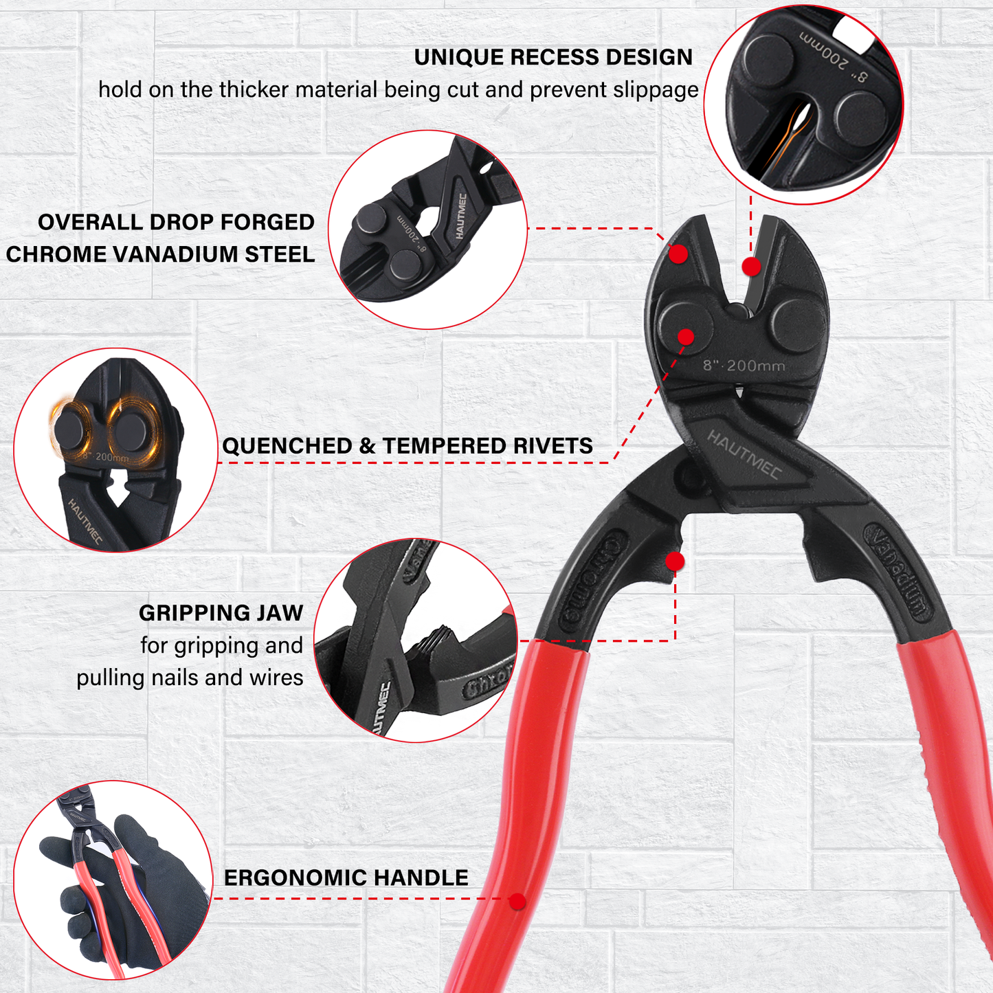 HAUTMEC 8 Inch High Leverage Bolt Cutter Plier Set, 8" Bolt Cutter, 8" Flush Cutter, High Leverage, CRV Blade, Flush cutting for Locks, Bolts,Wires, Cables, Rivets, and Chains, HT0469