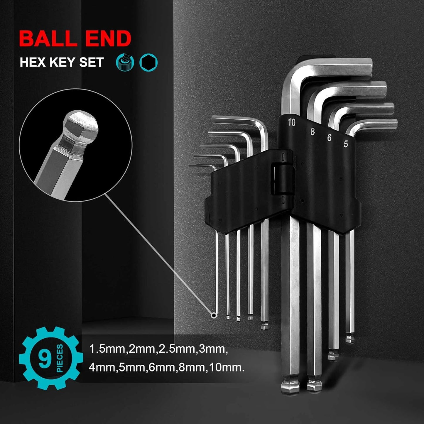 HAUTMEC Hex Key Allen Wrench Set, Ball End Hex Key Set, Metric L-Wrench, 9-Piece, Chrome Vanadium Steel, Industrial Grade, Strength Helping, HT0223-SS