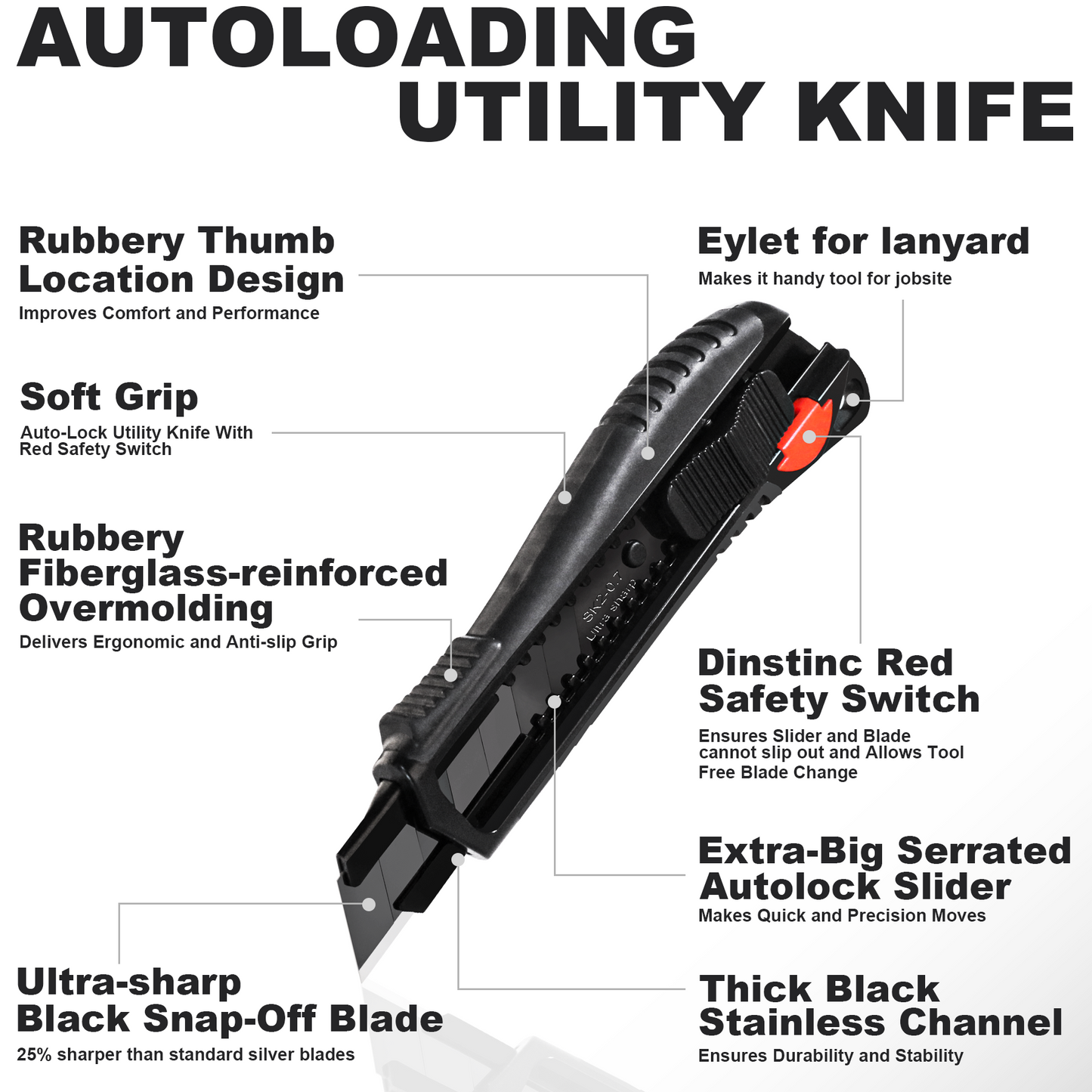 HAUTMEC 18mm Soft Grip Auto-Lock Utility Knife With Red Safety Switch, Sturdy Cutter with Ultra Sharp Black Snap-off Blade, HT0081-10PC
