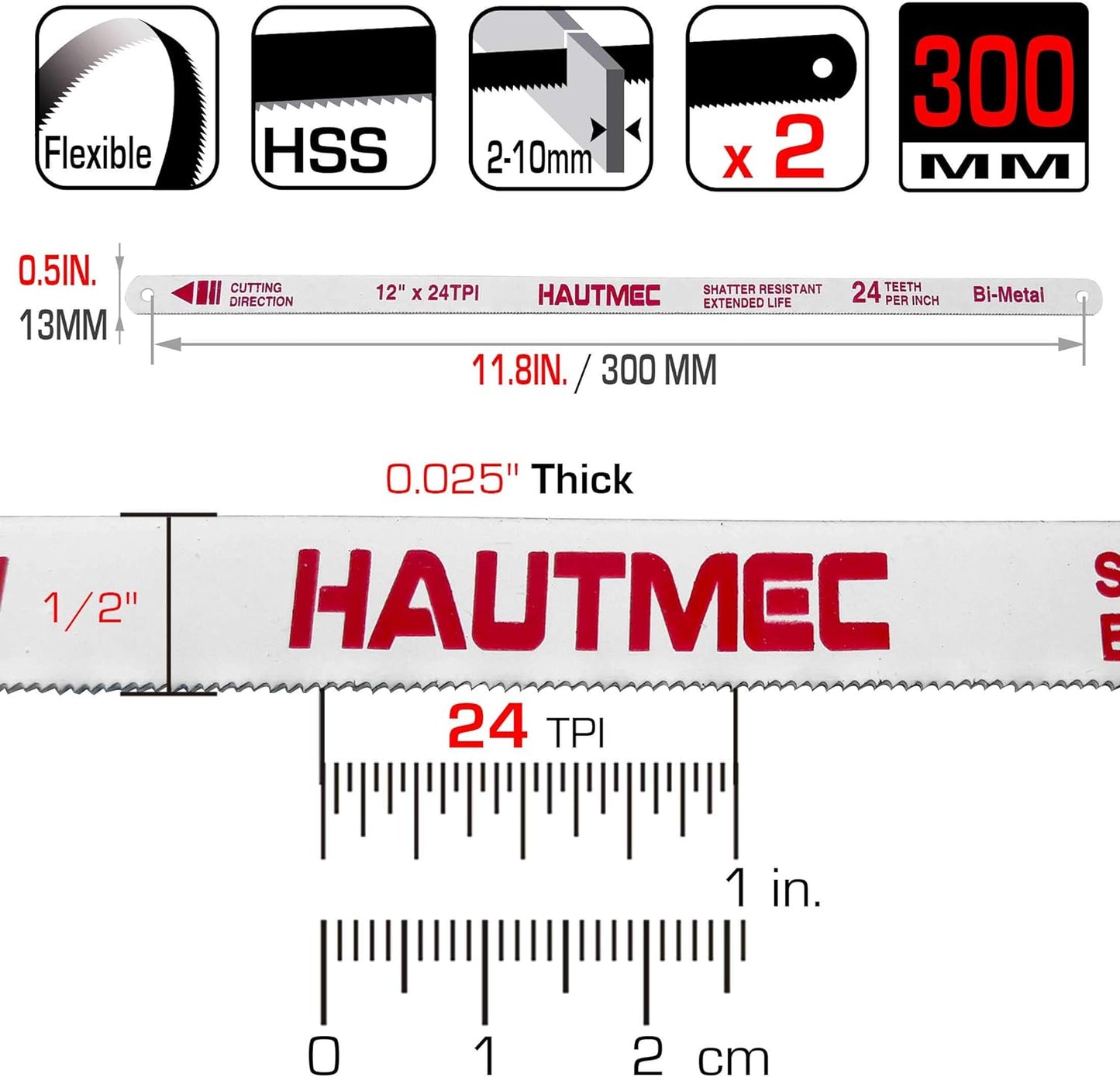 HAUTMEC 12" Hacksaw Blades Replacement Bi-Metal (100 Pack) 24 TPI High Speed Steel Grounded Teeth HT0017-100PC