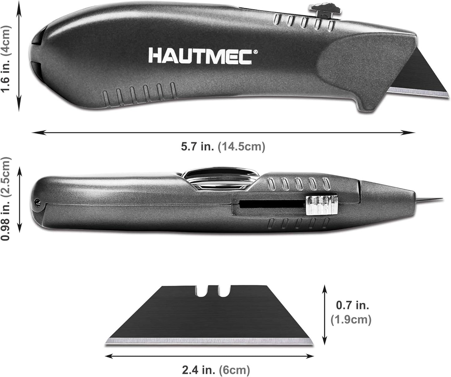 HAUTMEC Heavy-Duty Retractable Utility Knife, one-piece 3 Position Fixed Blade Box Cutter, Aluminum Alloy Shell with 3 extra blades HT0247-KN