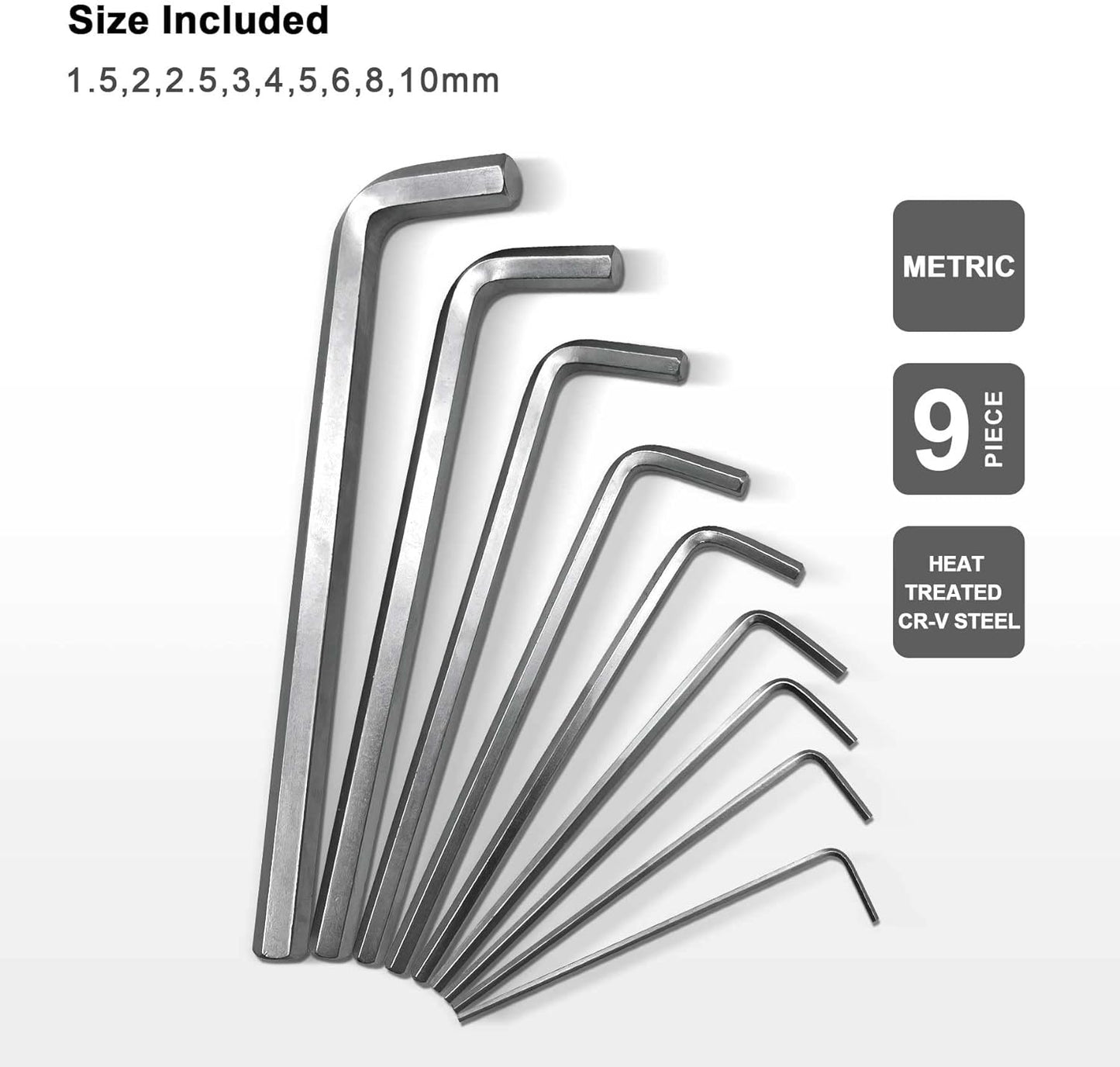 HAUTMEC 9-Piece Hex Key Allen Wrench Set, L Shape Metric Assortment, Chrome Vanadium Steel, Precise and Chamfered Tips, 1.5-10 mm, HT0221-SS