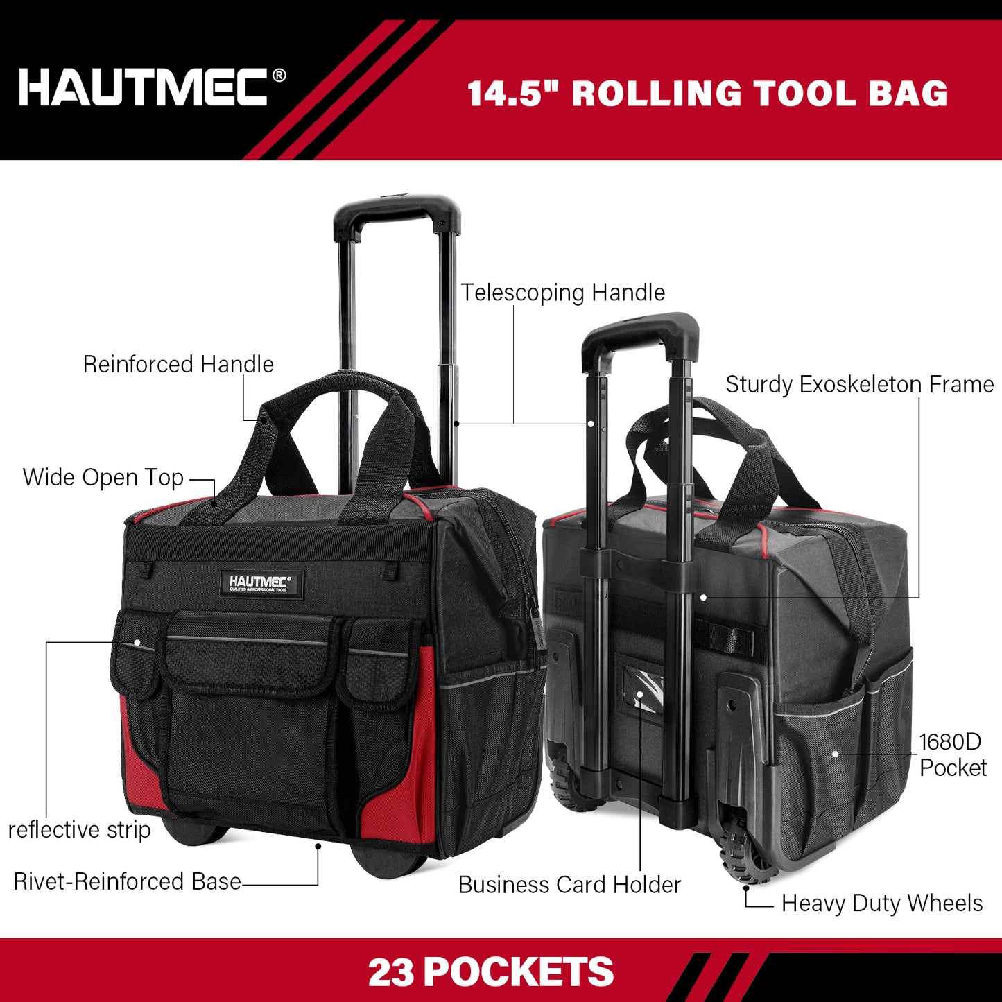 HAUTMEC 14.5" Rolling Tool Bag with Wheels, 25-Pocket Portable Tool Box Organizer with 600D Water-Resistant Fabric, Wide-Mouth Design, Oversized Wheels & Telescoping Handle - HT0179