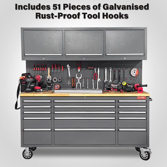 HAUTMEC 72-Inch Mobile Workbench, Rolling Tool Box, Heavy-Duty Stainless Steel Tool Cabinet with 51 Pegboard Hooks,15 Drawers, 3 Upper Cabinets, Pegboard, ETL-Certified Power Strip & Oak Work Surface HT0428