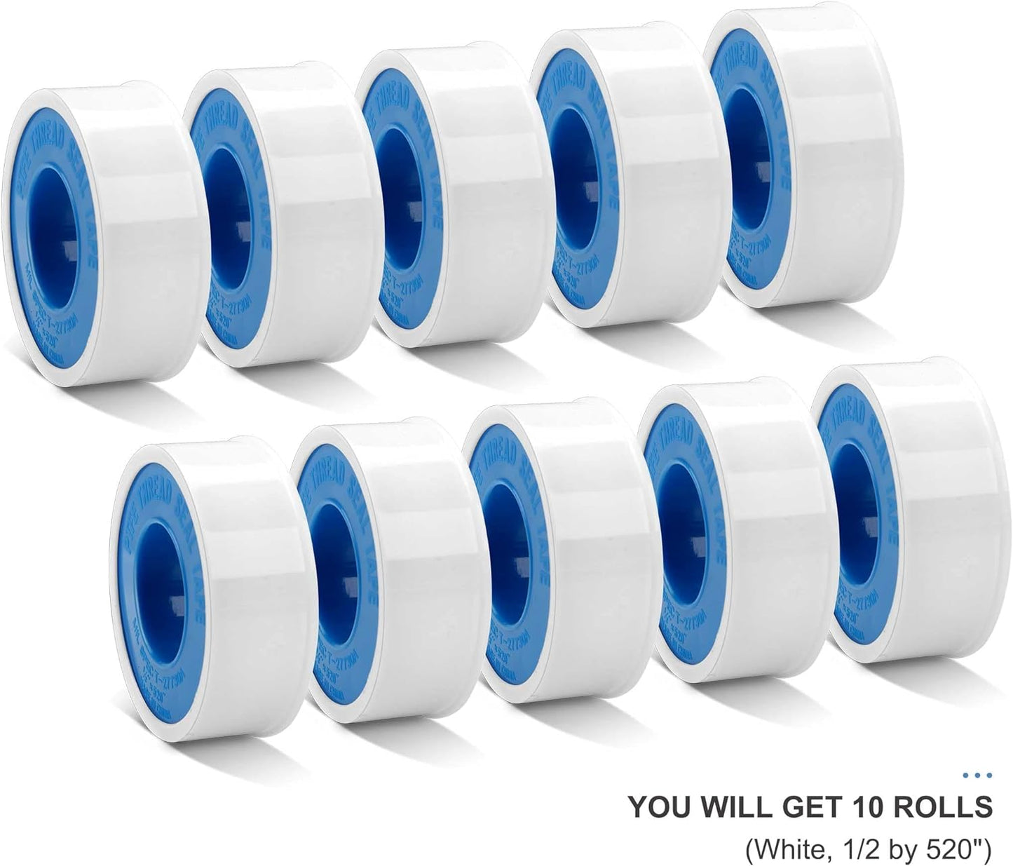 HAUTMEC 10 Rolls Teflon Tape, PTFE Sealant Tape for Plumbers Plumbing(White, 1/2 by 520"), Thread Seal Tape, for Home Shower Head, Water Pipe Sealing HT0123-ST