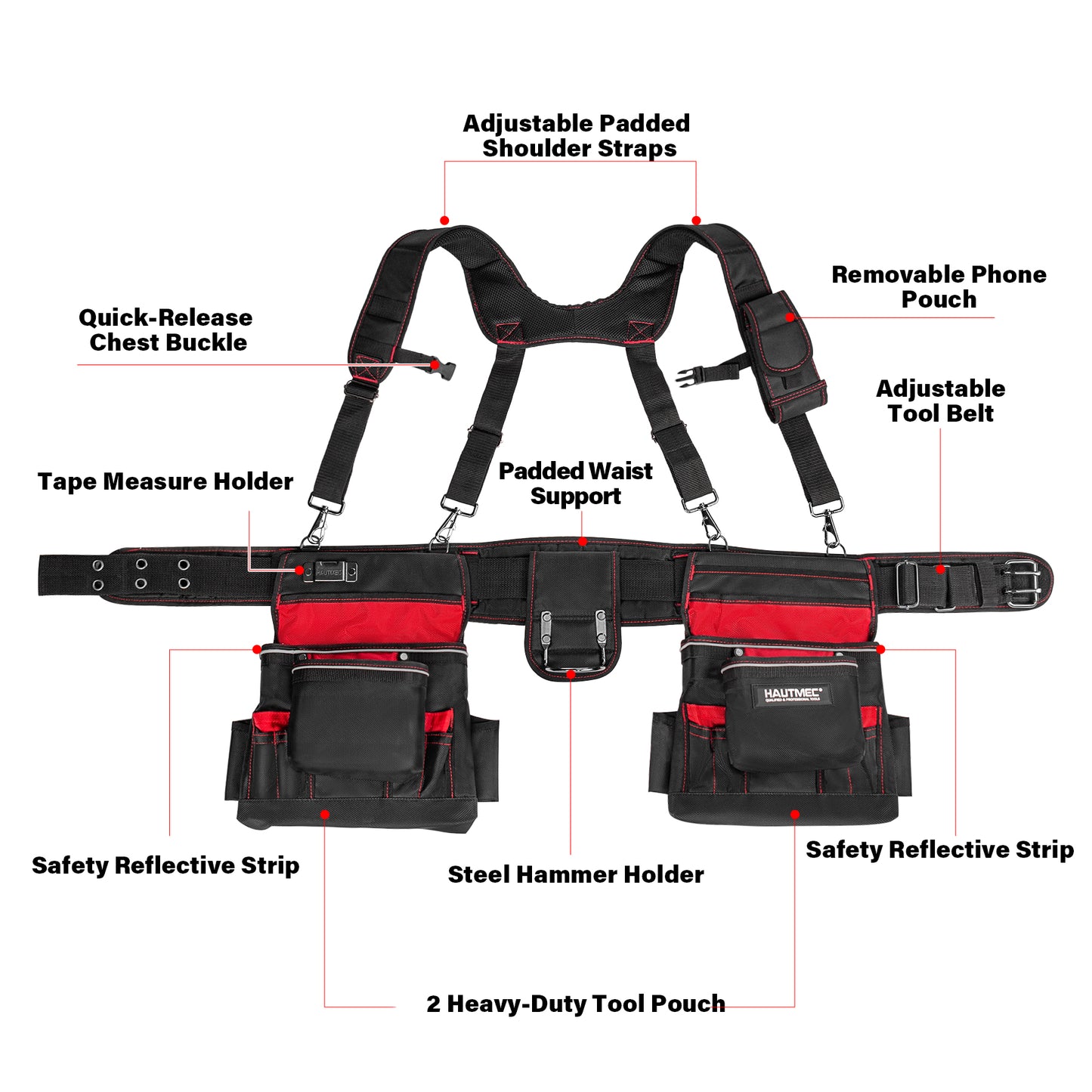 HAUTMEC Professional Tool Belt with Suspenders, 19 Pockets, Heavy-Duty 1680D Work Belt with Adjustable Padded Waist & Shoulder Support, Phone Pouch, Hammer & Tape Holder – HT0400