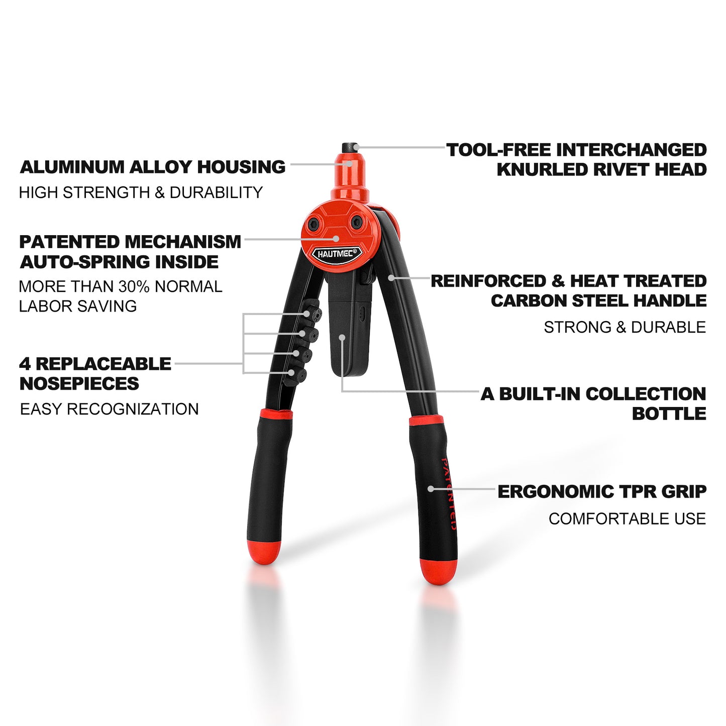HAUTMEC 13" Rivet Gun with 150Pcs Rivets and Automatic Rebound Labor-Saving Design Heavy Duty Hand Riveter Tools for Metal, Aluminum, Steel HT0437-HR