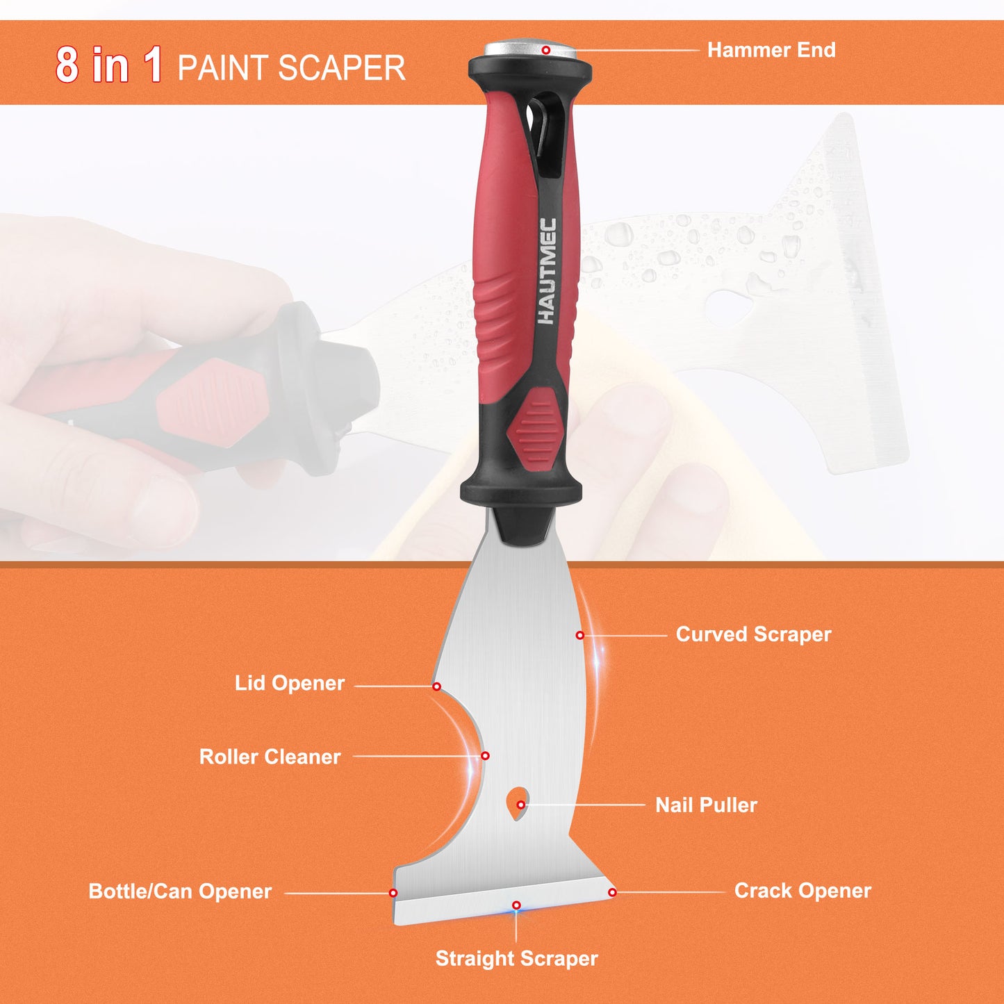 HAUTMEC Putty Knife Scraper, Scraper, Paint knife, Caulk Removal Tool, Painters Tool, Paint Can Opener, Paint Remover for Wood, Wallpaper Scraper, Painting Tool (1pc-3" 8-in-1) HT0049-PT
