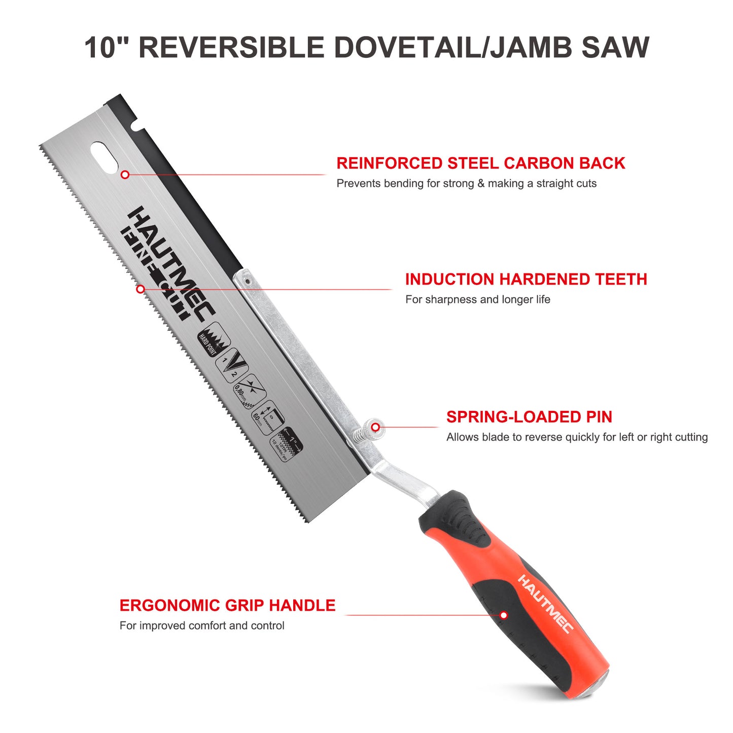HAUTMEC 10" Reversible Dovetail/Jamb Saw, 12TPI Double Ground Teeth with Spring Loaded Design & Cranked Soft Handle for flush-cutting door jambs and millwork for tile installation and prep