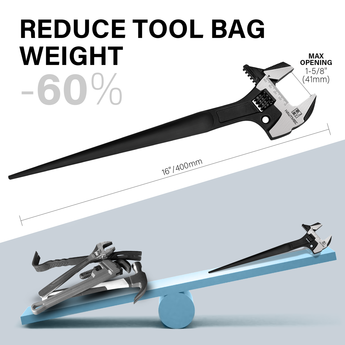 HAUTMEC 16inch Adjustable Spud Wrench, 4 in 1 Multifunctional Spud Wrenches, Adjustable Wrench and Hammer, Extra Wide Jaw Up to 1.6" (41mm) Metric & SAE Scale, Oxide Finish, for Garage Workshop DIY HTASM25015