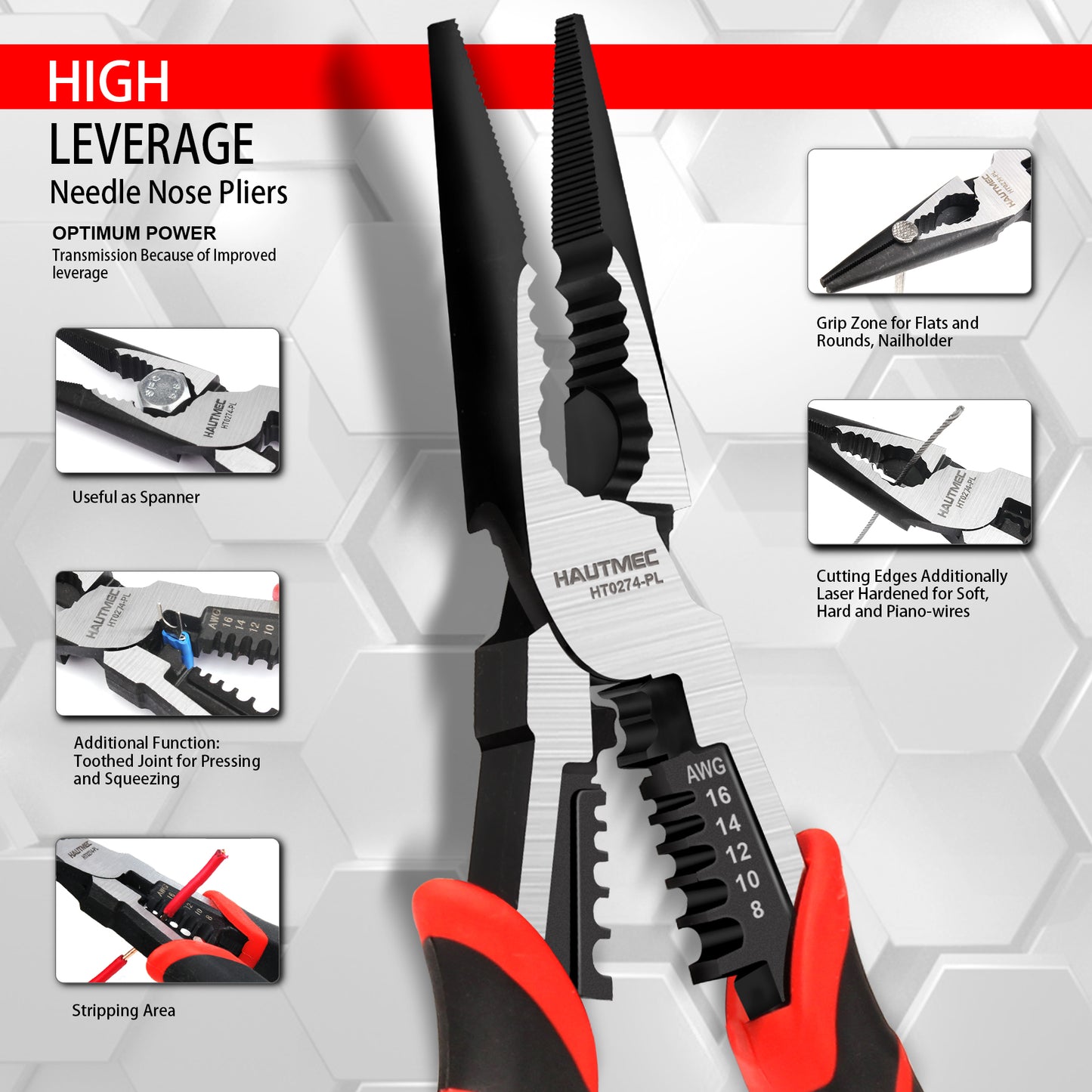 HAUTMEC 9" Needle Nose Pliers,High Leverage Combination Pliers 4 in 1 Multifunctional Heavy Duty Long Nose Pliers HT0274-PL