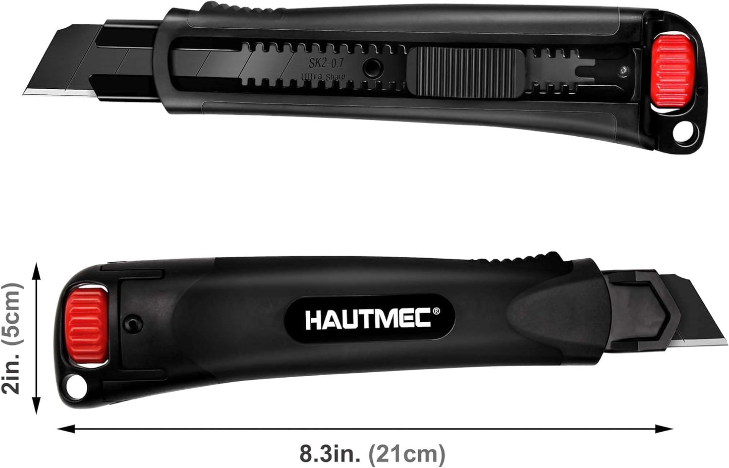 HAUTMEC 25mm Extra Heavy Duty Utility Knife with Double Lock Mechanism, Auto-Lock and Ratchet- Lock for Double Safety, SK2 Sharp Black Blade for Industrial or Construction Applications HT0254-KN