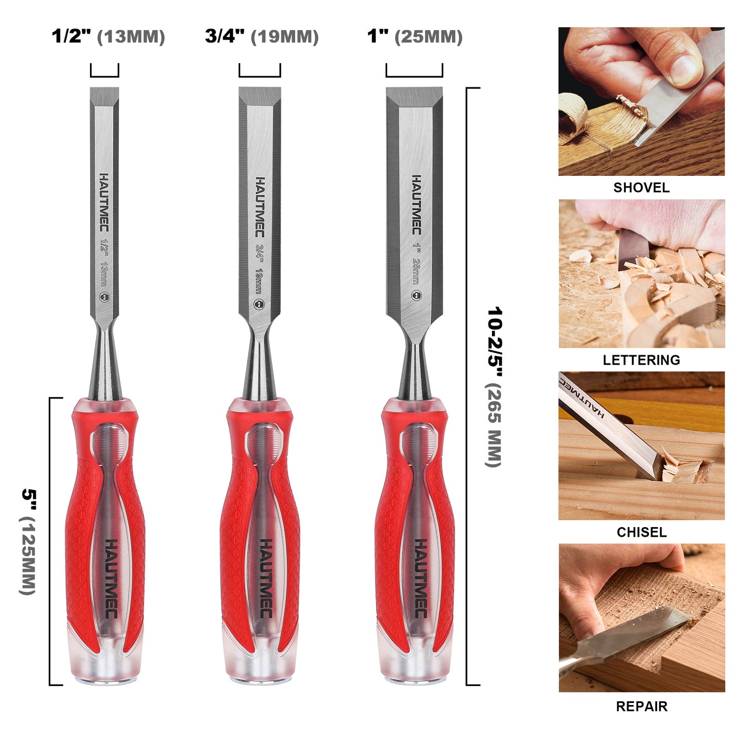 HAUTMEC 3-Piece Wood Chisel Set – High-Impact Drop-Forged CRV Steel, Fully Polished Beveled Edge Blades, Heavy-Duty Strike Cap & Extended Anti-Skid Handle – HT0364