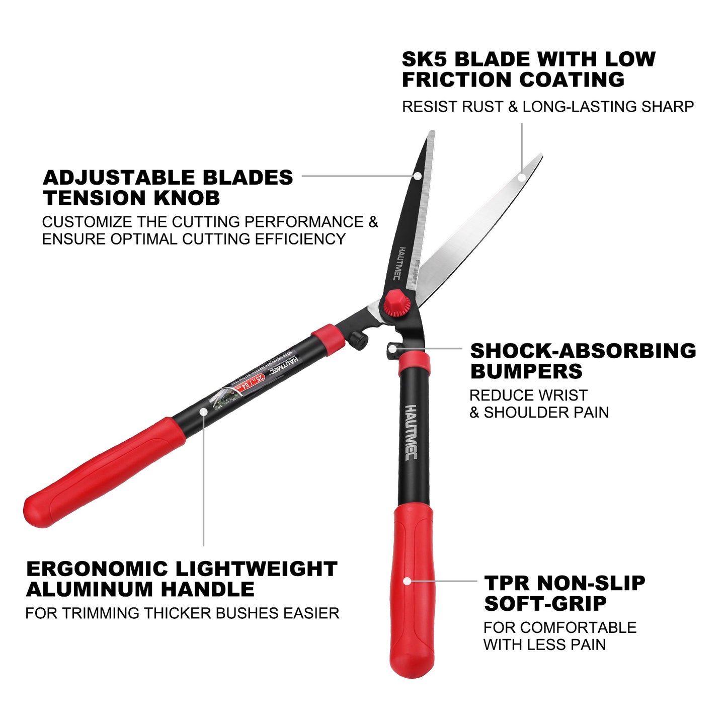 HAUTMEC 25'' Manual Hedge Shears & Clippers with Low Friction Coated Blade and Lightweight Handles, Idea for Trimming and Shaping Borders, Decorative Shrubs and Tall Bushes HT0148