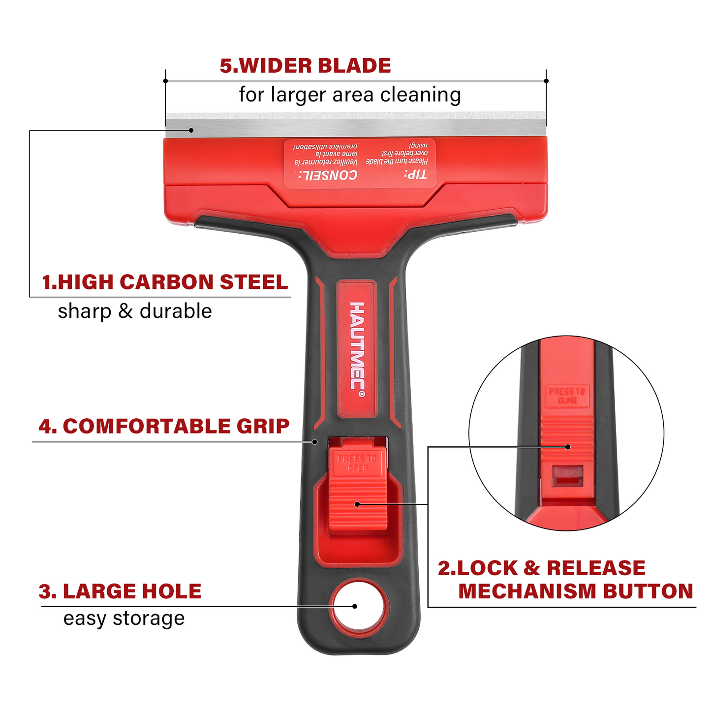HAUTMEC Razor Blade Scraper Tool, 4" Wider Scraper Tool with 20 Extra Carbon Steel Blades, Razor Scraper for glass scraper, Adhesive, Label, Sticker from Window, Glass, Tile, Floor, Stove HTPBM25033