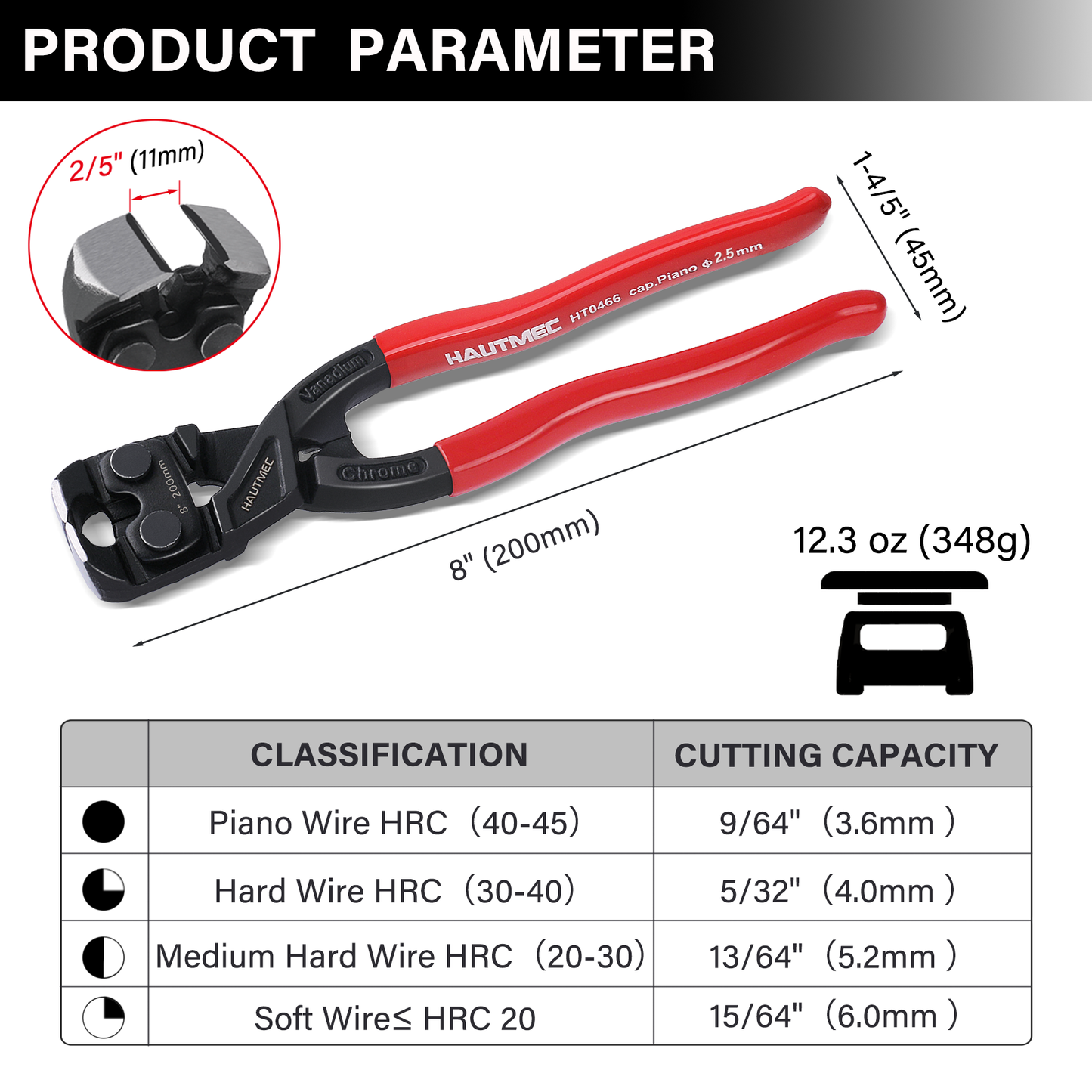 HAUTMEC 8 Inch Nail Puller Pliers Tool, High Leverage End Cutting Pliers, Nail Remover Tool with Anti-Slip Grip, CRV Steel End Cutting Nippers Tool for Pulling or Cutting Nails, Small Bolts and Wires,HT0466