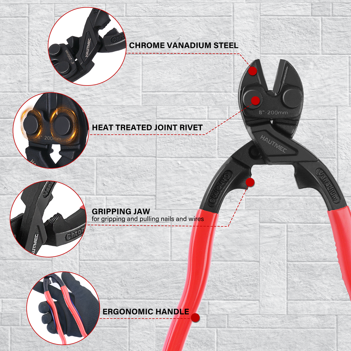 HAUTMEC Mini Bolt Cutters Plier Set, 8" High Leverage Compact Bolt Cutter and Diagonal Cutting Pliers, Anti-Slip Grip, CRV Blade, Flush Cutter for Locks, Bolts,Wires, Cables, Rivets, and Chains HT0469