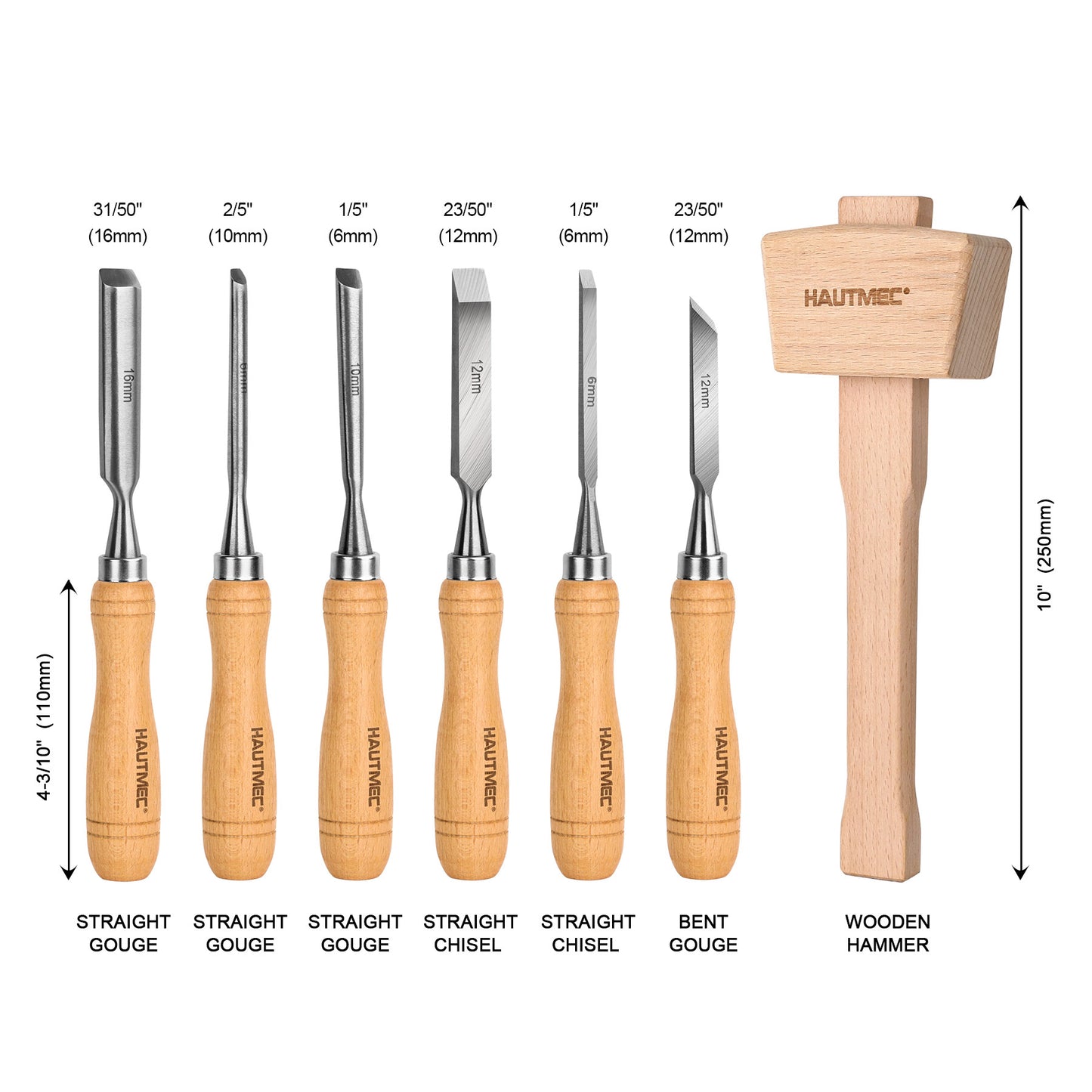 HAUTMEC 7-Piece Wood Chisel Set with Wooden Mallet, CR-V Steel Beveled Gouge Tools with Beech Handles and Storage Box, Wood Carving Kit for Woodworking & DIY - HT0393