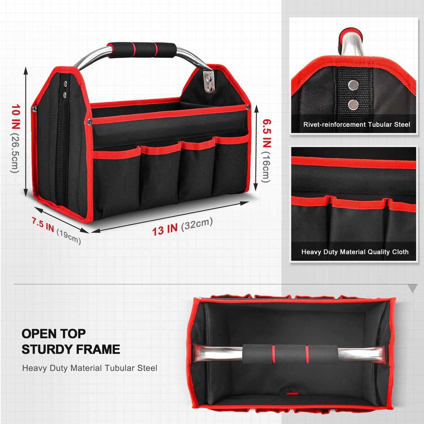 HAUTMEC 13-Inch Foldable Open Top Tote Bag, 8-Pocket Wide Mouth Tool Bag, Tubular Steel Heavy Duty Electrician Tool Bin for Tool Organization and Storage TB0001