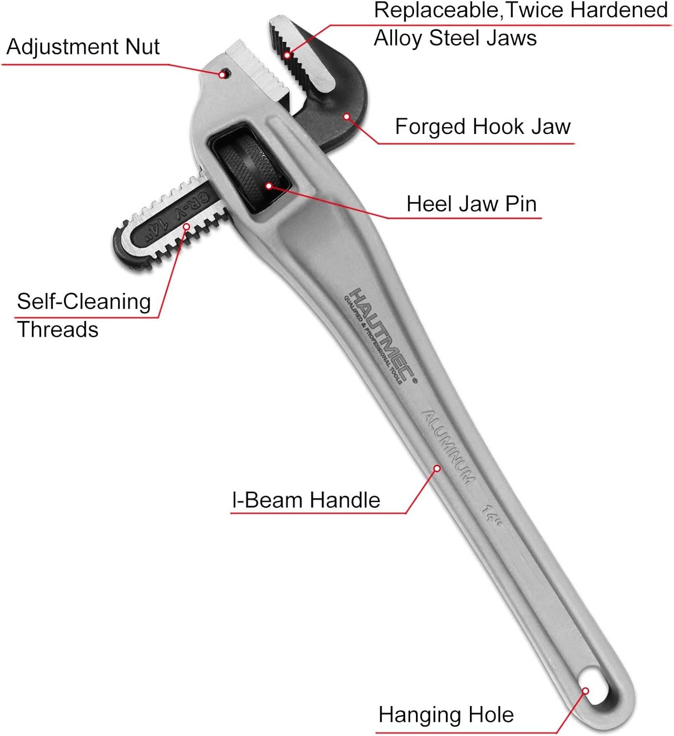 HAUTMEC 14 Inch Aluminum Offset Pipe Wrench, Heavy Duty Adjustable Plumbing Wrench, 2" Jaw Capacity, 40% Lighter Drop Forged Construction, for Use in Tight Spaces HT0189
