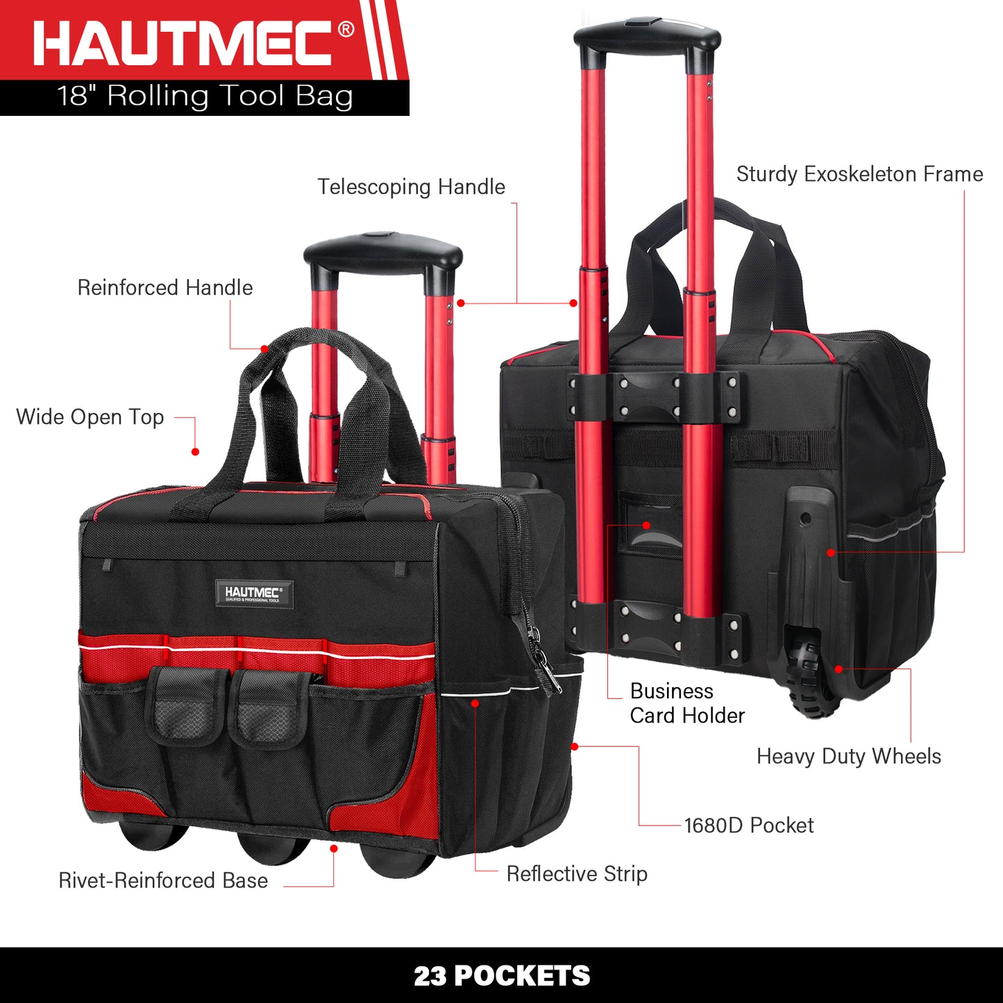 HAUTMEC 3 Piece Heavy-Duty Rolling Tool Bag Set, 18” Wheeled Tool Bag, 15” Electrician Tool Tote & 12” Wide Mouth Bag, 1680D Oxford Fabric Portable Tool Storage – HTTBM25006