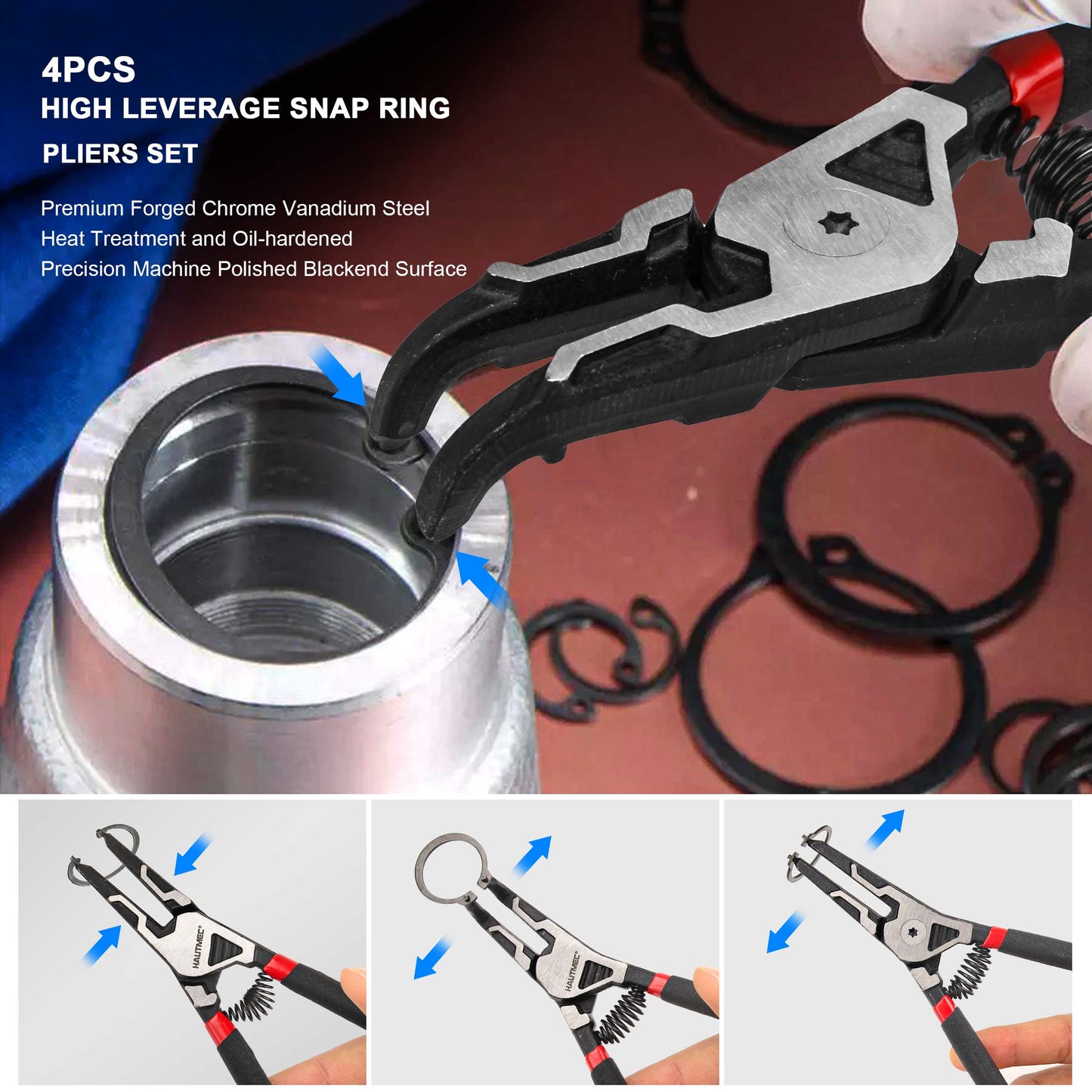 HAUTMEC 4PCS High Leverage Snap Ring Pliers Set,7 inches Internal/External Heavy Duty Circlip Pliers HT0280