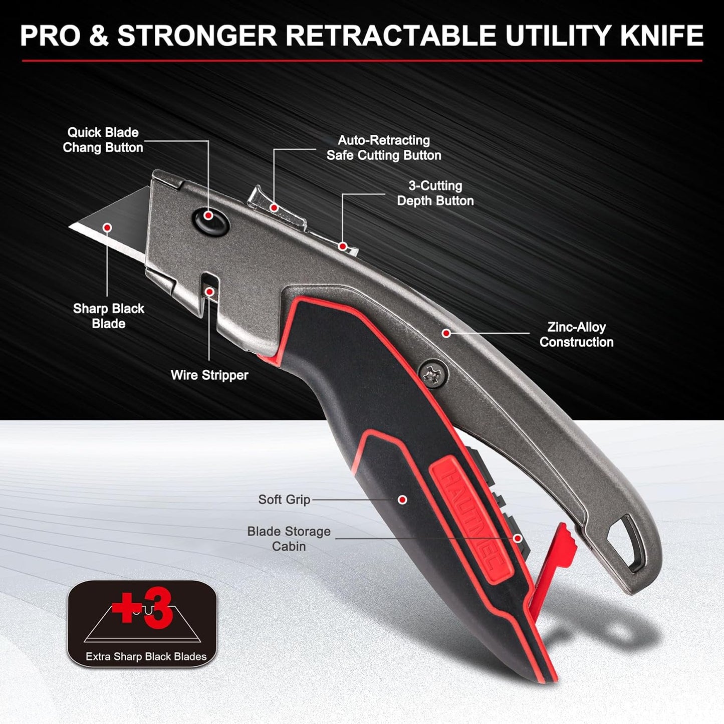 HAUTMEC Heavy Duty Utility Knife With Dual Cutting Mechanism: Safety Auto-Retracting Cutting + Precision 3 Position Depth Tough Cutting, Professional Box Cutter With 3 Black Sk4 Blades, HT0311