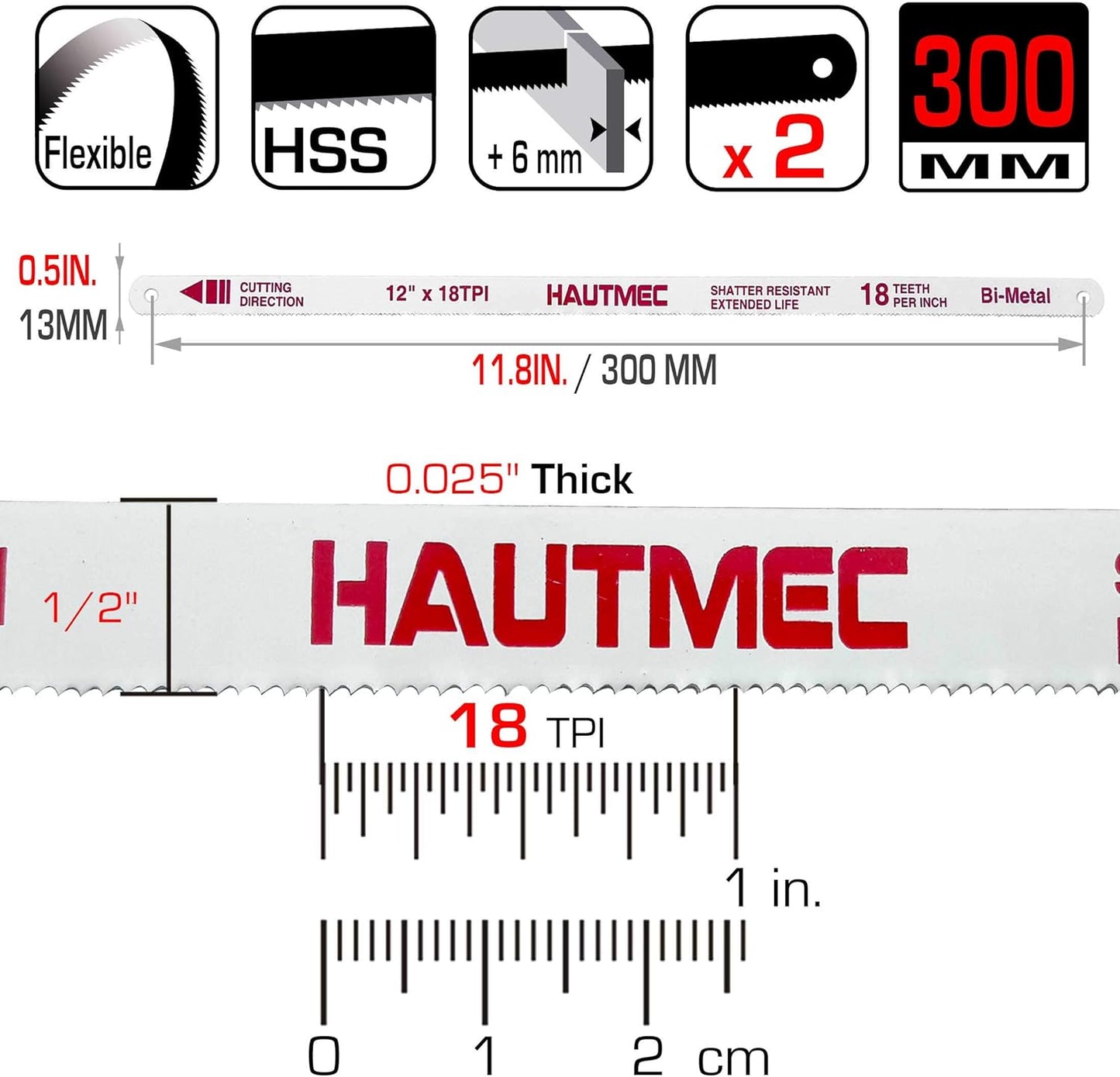 HAUTMEC 12" Hacksaw Blades Replacement Bi-Metal 18 TPI High Speed Steel Grounded Teeth, 2 Pack, HT0016-2PC