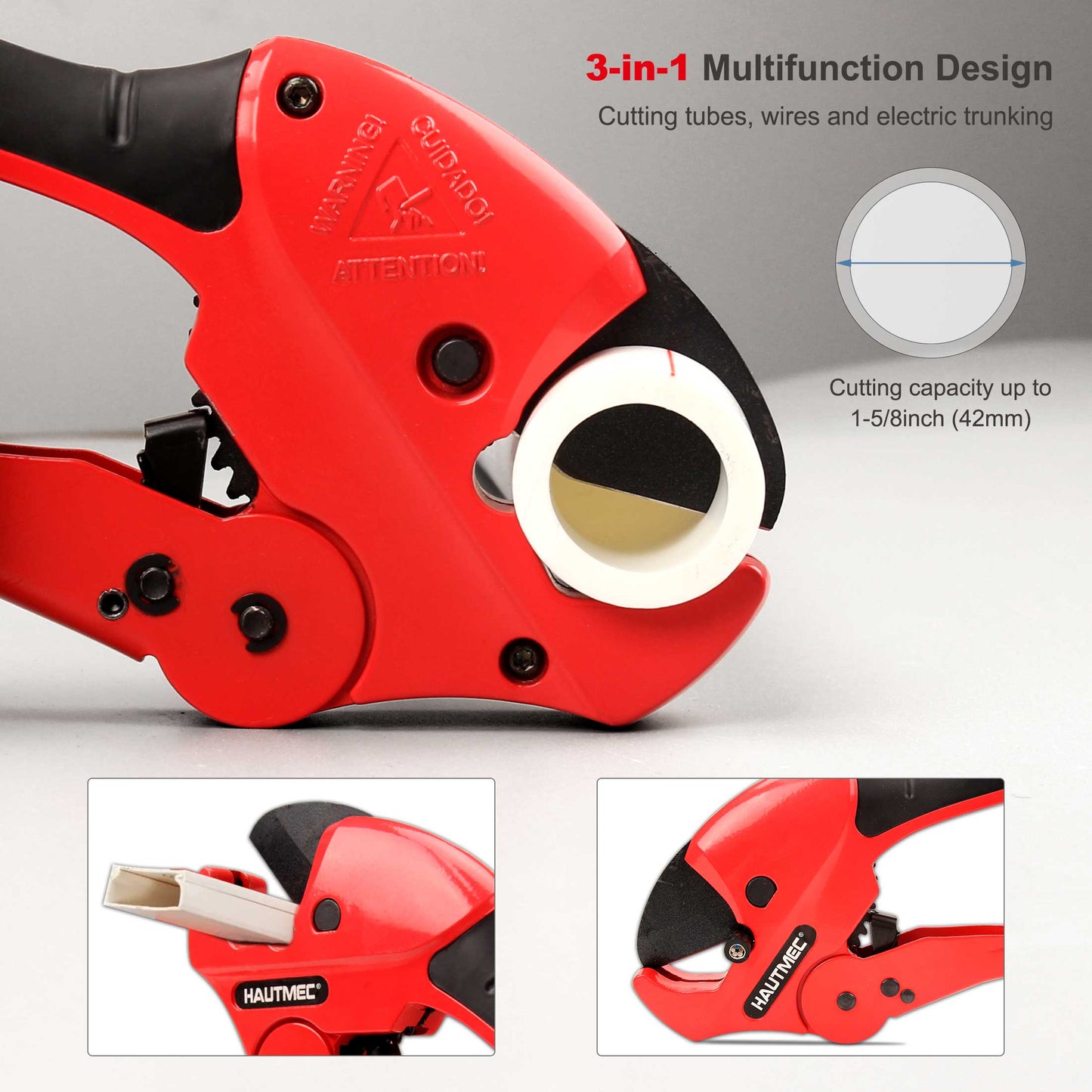 HAUTMEC Multifunction Ratchet-type Tube and Pipe Cutter, One-hand Fast Pipe Cutting Tool for Cutting Up to 1-5/8 inch, 3-in-1 Tubes, Wire and Trunking cutter HT0257-TC