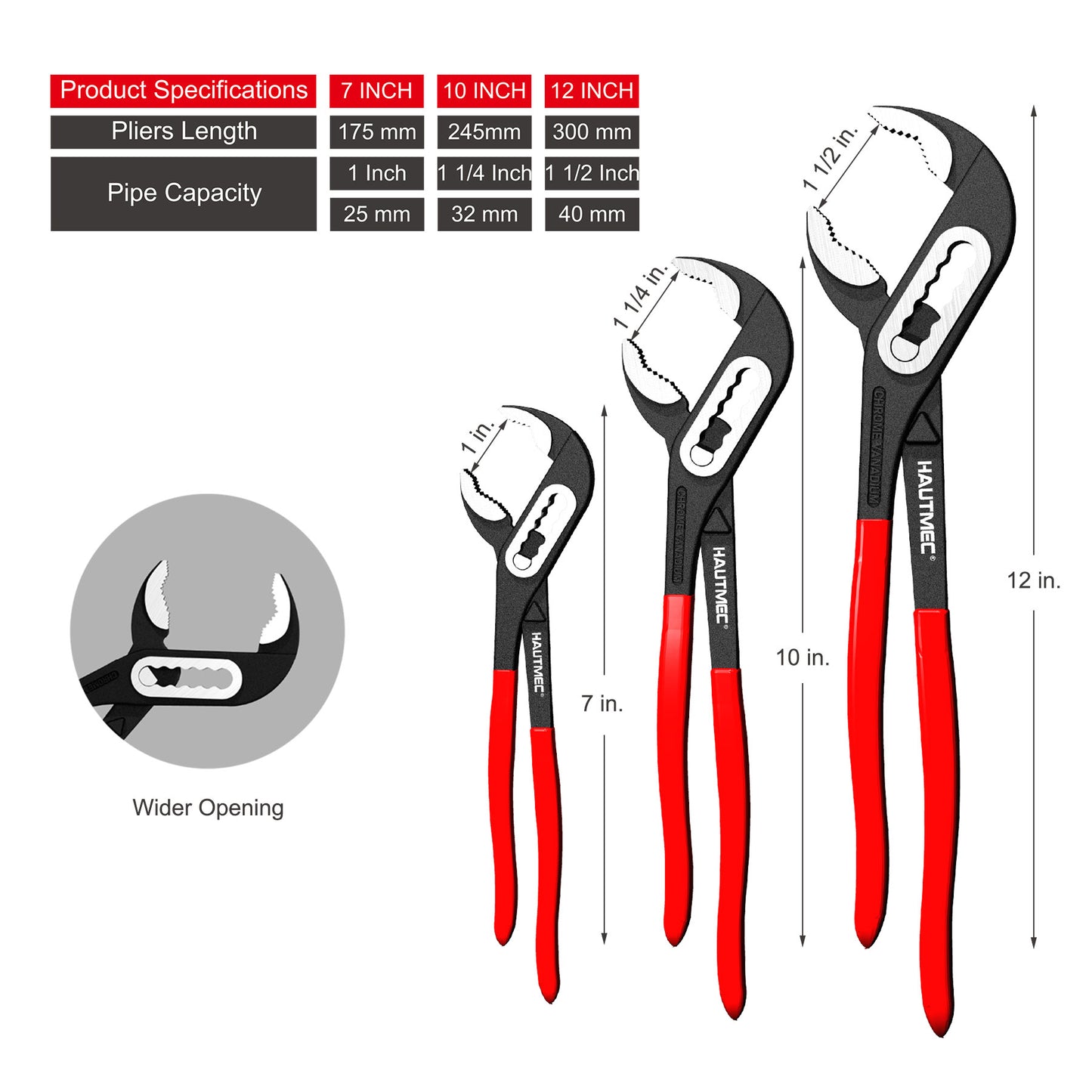 HAUTMEC Water Pump Pliers Set, Wider Opening,Groove Joint Pliers with Curved Jaw and Quick Adjustment Lock for Gripping,Repair,Nuts,Bolts, Pipe,12/10/7 Inch HT0323