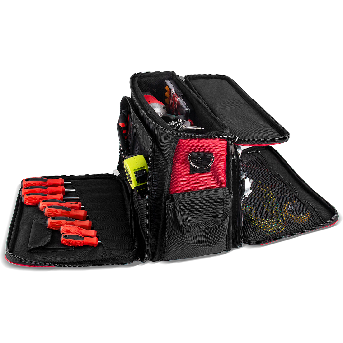 HAUTMEC Heavy-Duty Tool Bag for Electricians & Technicians, 42-Pocket Work Tool Case with Laptop Compartment, 1680D Water-resistant Nylon, Adjustable Shoulder Strap, HT0408-TB