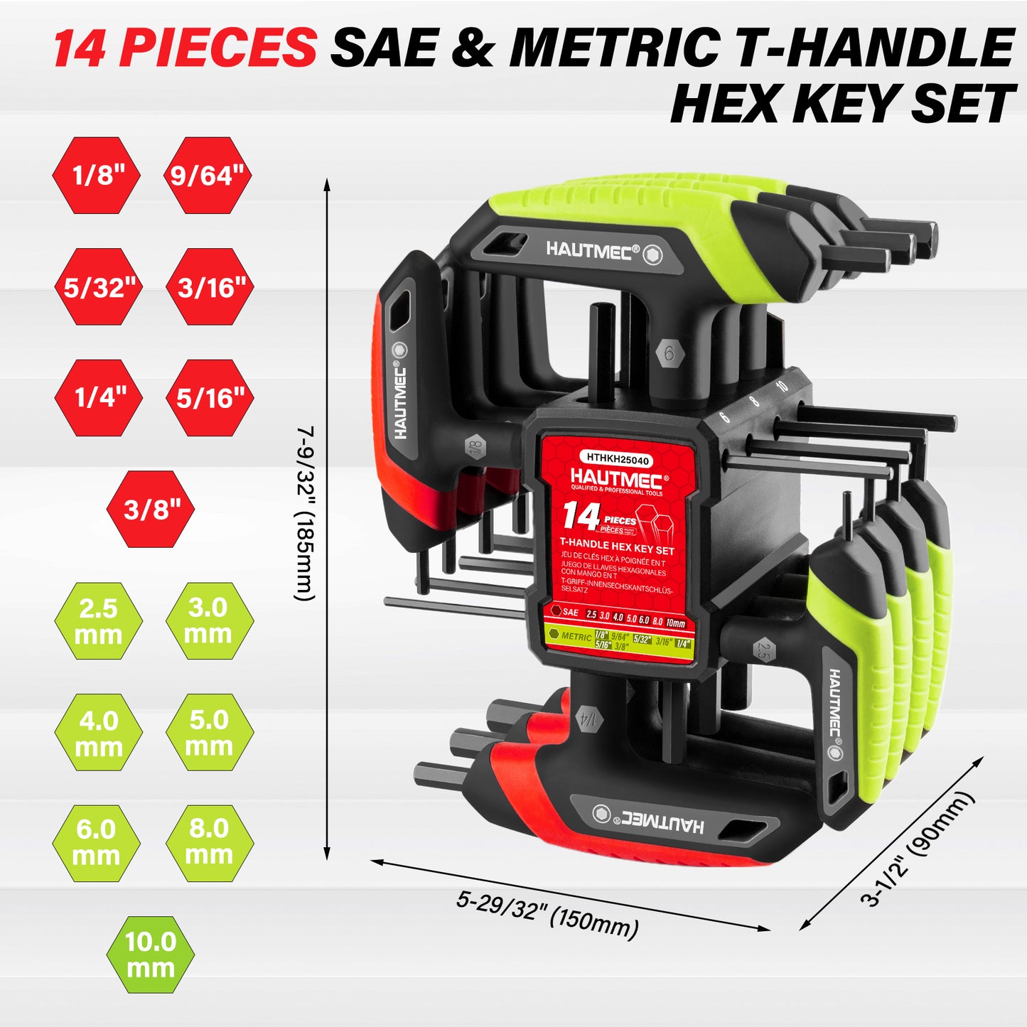 HAUTMEC 14-Piece T-Handle Allen Wrench Set, SAE & Metric T-Handle Hex Key Set, High Torque CR-V Steel Allen Key Set with Storage Rack, for Bike, Motorcycle, Furniture & Auto Repair, HTHKH25040