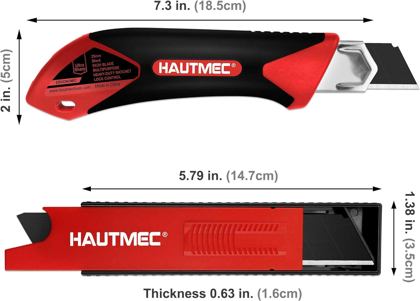 HAUTMEC 25mm Extra Heavy-Duty Utility Knife with 10pcs Blade set, Multi-Purpose Snap-off Box Cutter, Ratchet-lock Mechanism, Reinforced Fiberglass Handle HT0251-KN