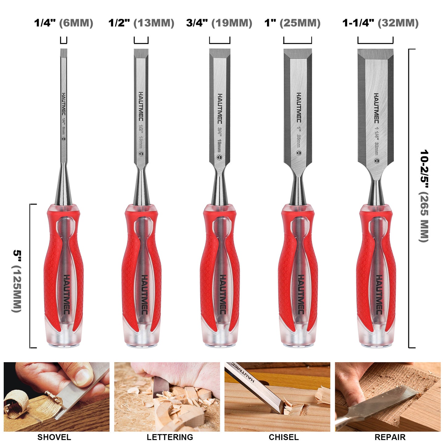 HAUTMEC 5-Piece Wood Chisel Set – High-Impact Drop-Forged CRV Steel, Fully Polished Beveled Edge Blades, Heavy-Duty Strike Cap & Extended Anti-Skid Handle – HT0365