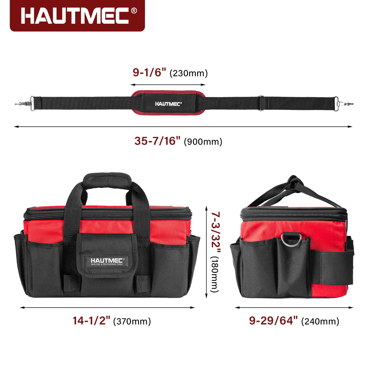 HAUTMEC Heavy Duty Tool Bag Case 14.5 Inch, 1680D Oxford Fabric & EVA Reinforced Hard Bottom, Wide Opening with Removable Dividers, Multi-Pocket Organizer with Padded Strap & Trolley Sleeve - HT0401