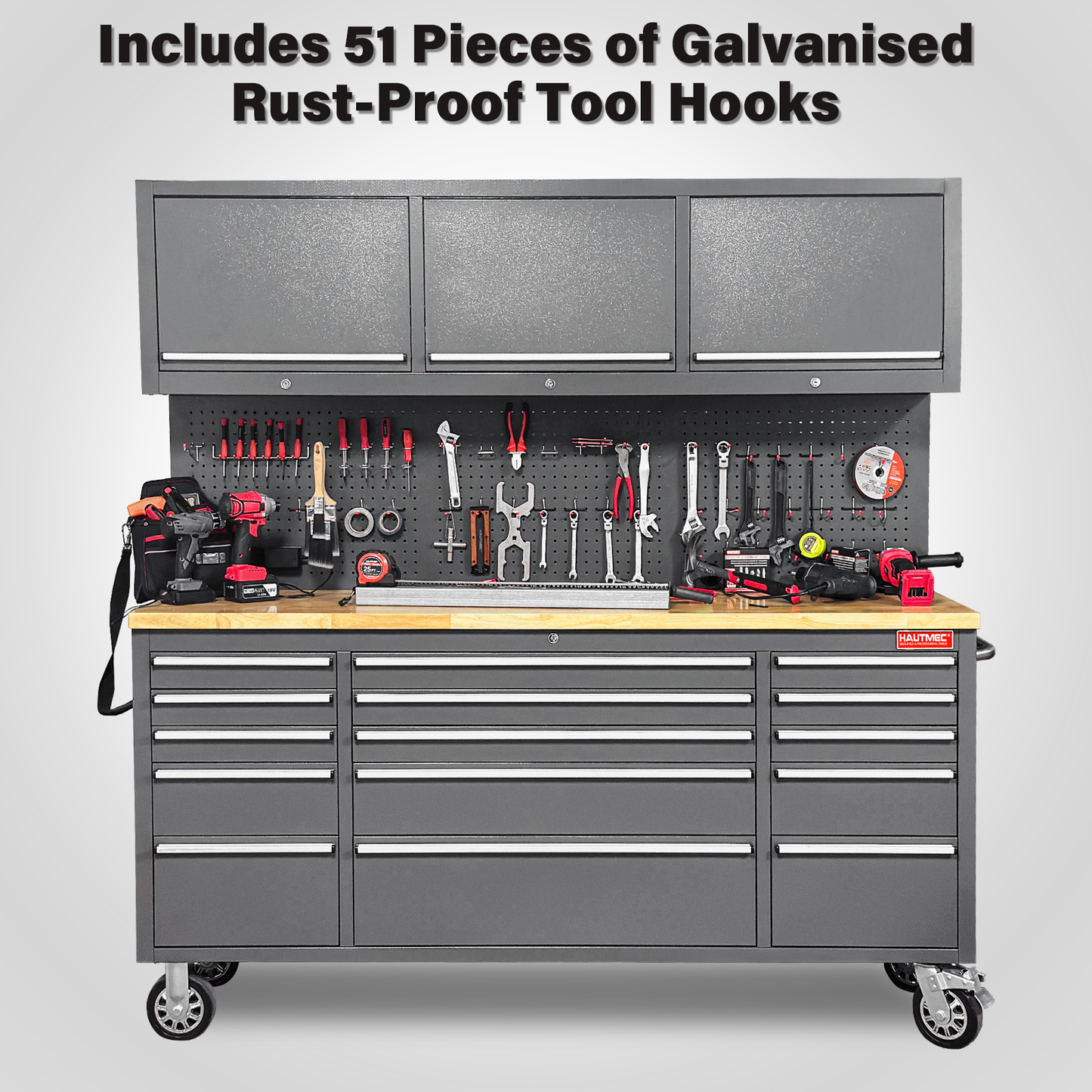 HAUTMEC 72-Inch Rolling Tool Chest with 51 PCS Pegboard Hooks & ETL-Certified Power Strip, Mobile Garage Workbench with 15 Drawers, 3 Upper Cabinets, Pegboard & Heavy-Duty Oak Work Surface HT0428-TC