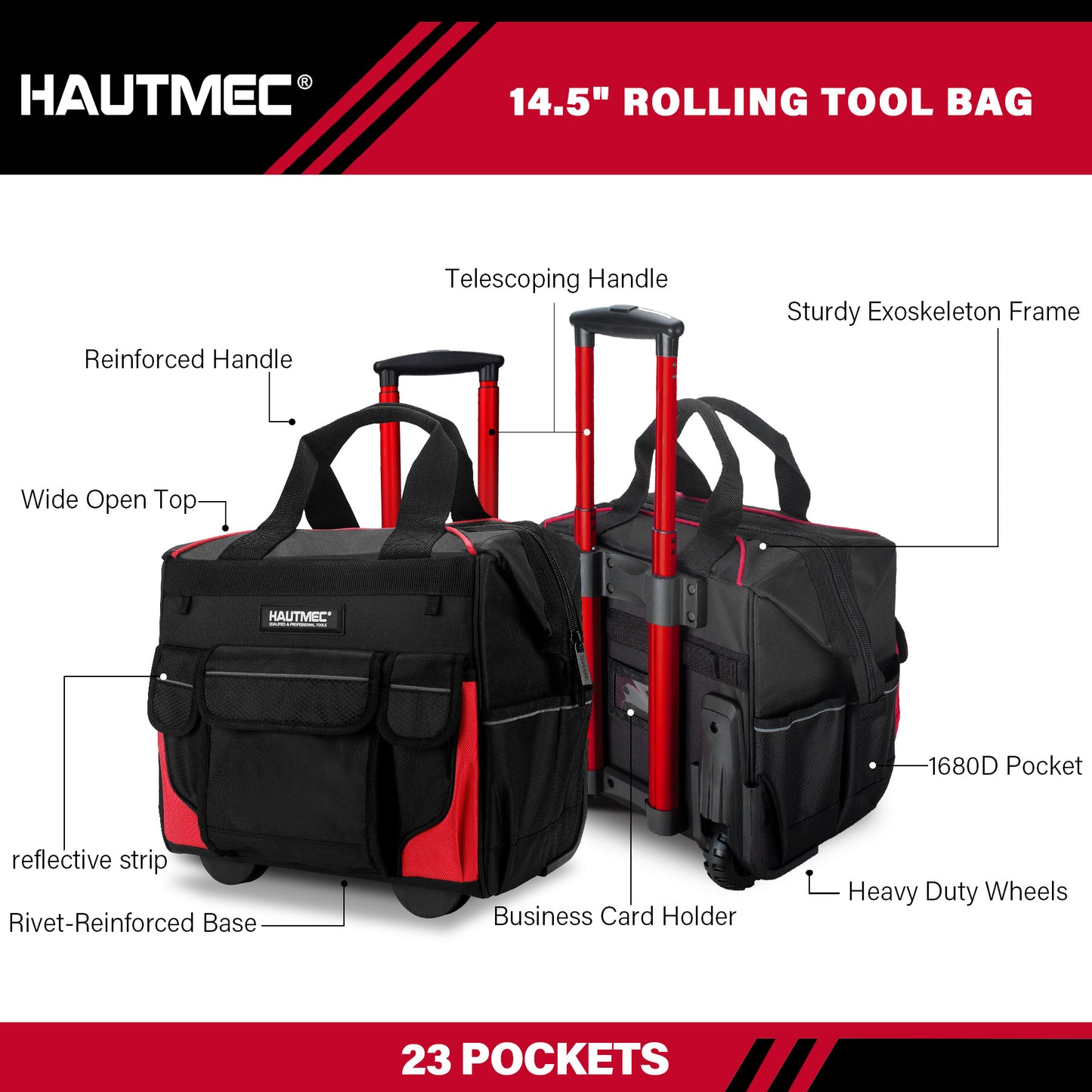 HAUTMEC 14.5" Rolling Tool Bag with Wheels, 25-Pocket Portable Tool Box Organizer with 600D Water-Resistant Fabric, Wide-Mouth Design, Oversized Wheels & Telescoping Red Handle -HTTBM25005
