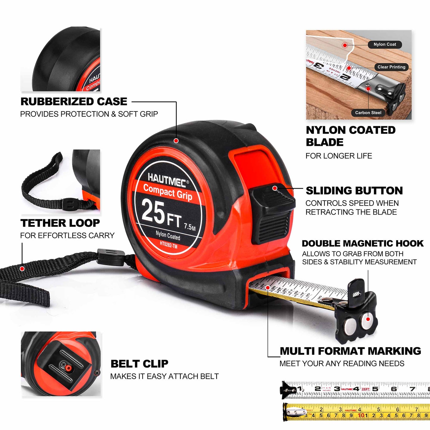 HAUTMEC Tape Measure 25Ft with Fraction 1/8,Double Side Metric and Inches Tape,Retractable Tape Measure,Magnetic Hook and Compact Case for Construction, Carpenter, Professionals HT0282-TM