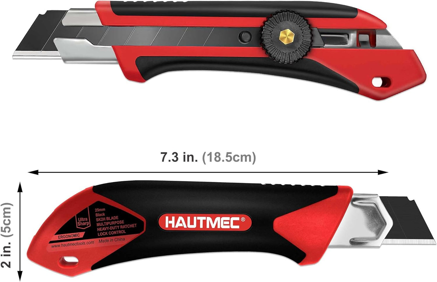 HAUTMEC 25mm Extra Heavy-Duty Utility Knife, Multi-Purpose Snap-off Box Cutter, Ratchet-lock Mechanism, Reinforced Fiberglass Handle HT0250-KN