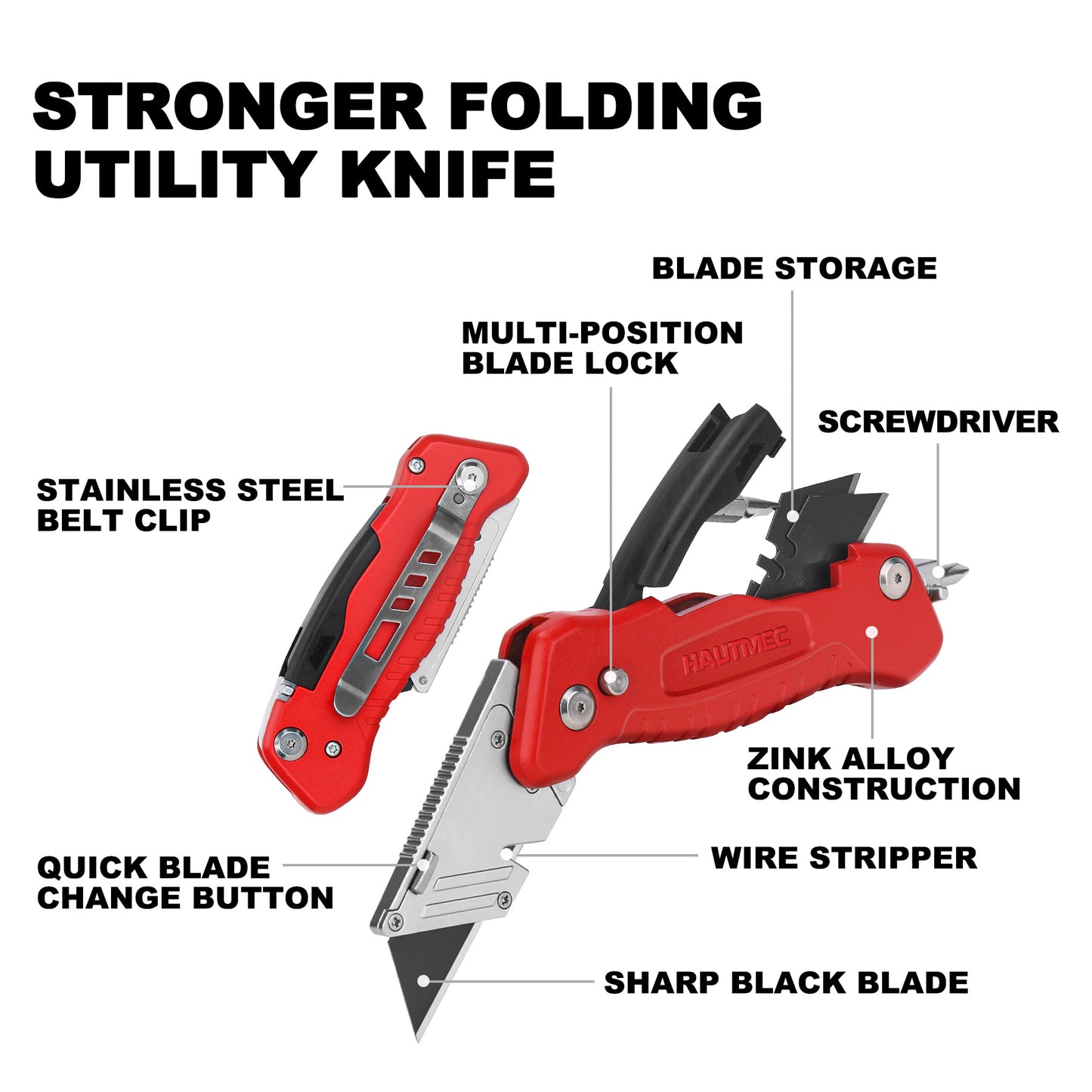 HAUTMEC Multifunctional Heavy Duty Folding Utility Knife With Integrated Screwdrivers, Box Cutter Built In Zinc Alloy Housing, 3 Extra Sharp Black SK4 Blades HT0294